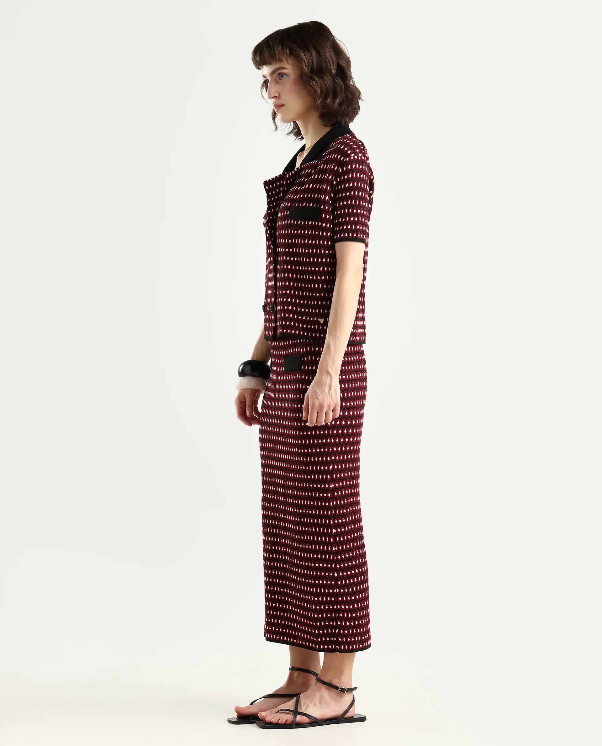 Rareism Women's Sanayi B Maroon Viscose Geometric Print Midi Relaxed Fit Skirt