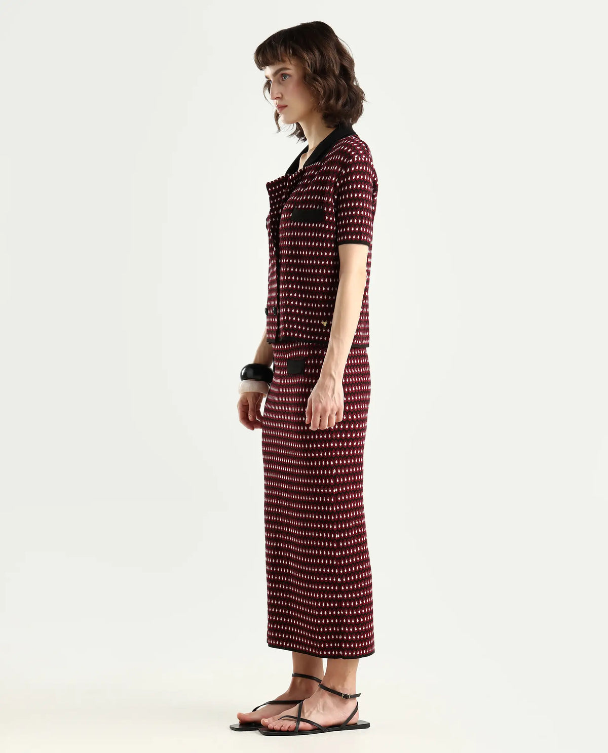 Rareism Women's Sanayi B Maroon Viscose Geometric Print Midi Relaxed Fit Skirt