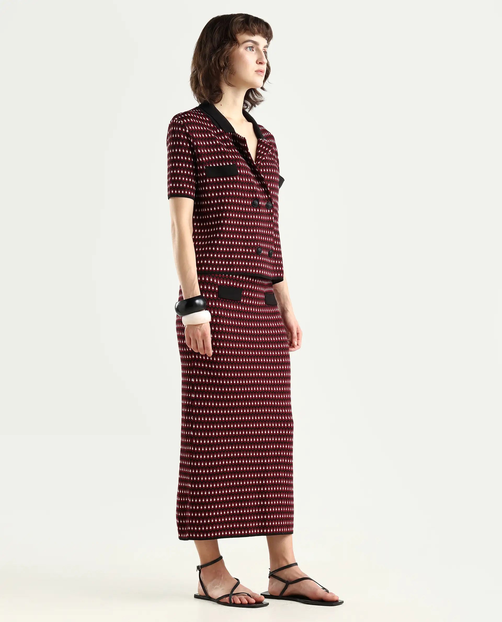 Rareism Women's Sanayi B Maroon Viscose Geometric Print Midi Relaxed Fit Skirt