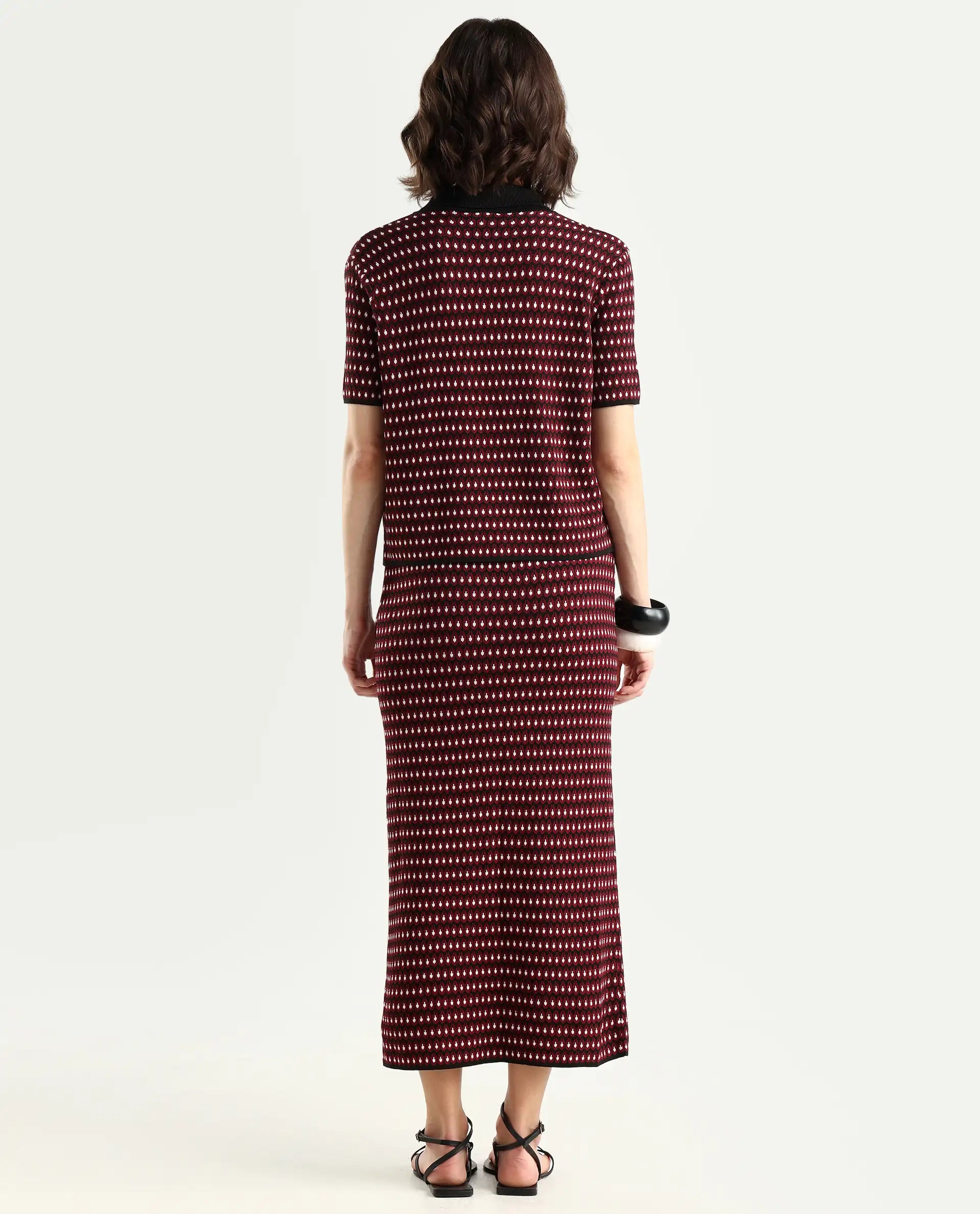 Rareism Women's Sanayi B Maroon Viscose Geometric Print Midi Relaxed Fit Skirt