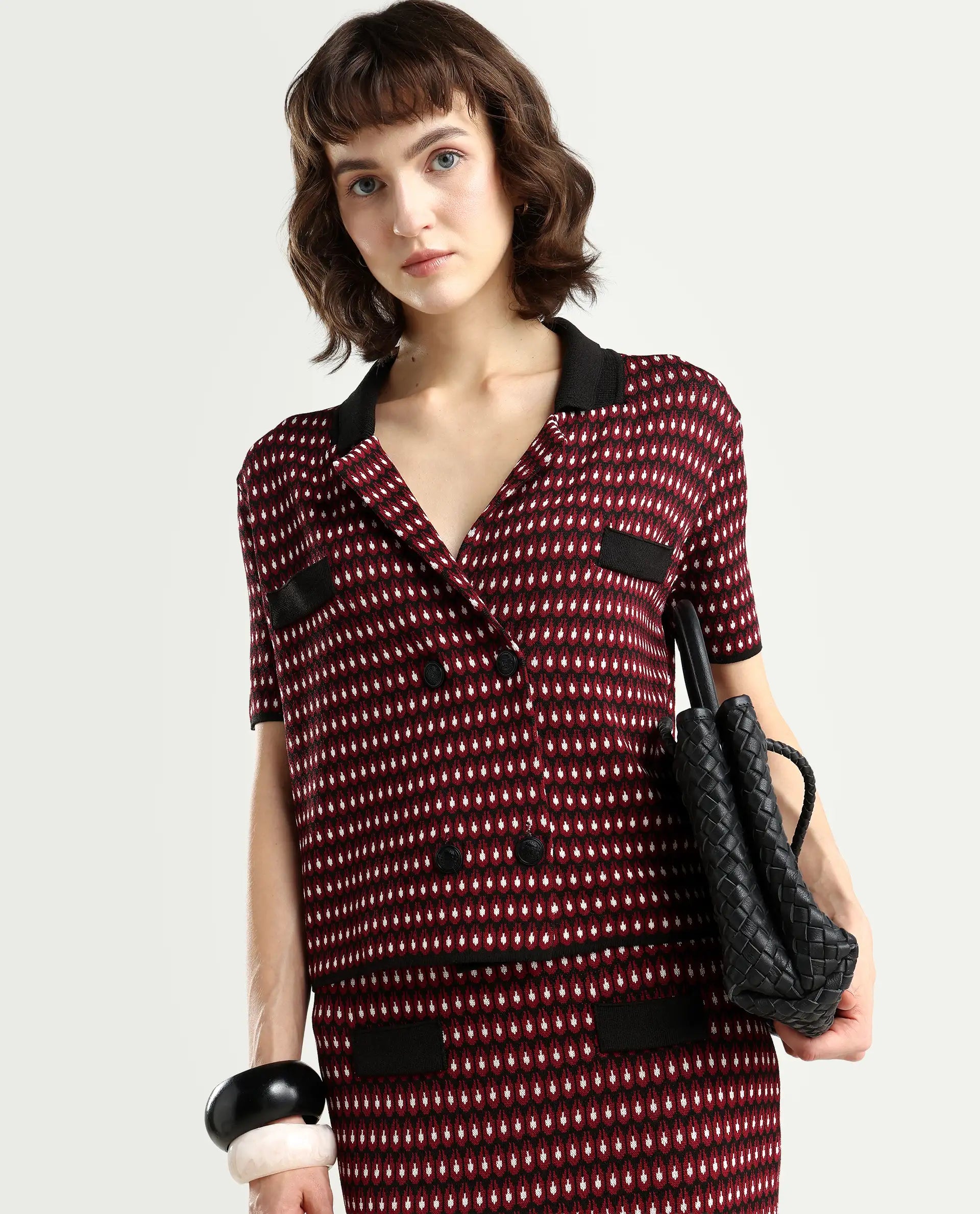 Rareism Women's Sanayi T Maroon Viscose Lapel Neck Geometric Print Midi Regular Fit Top