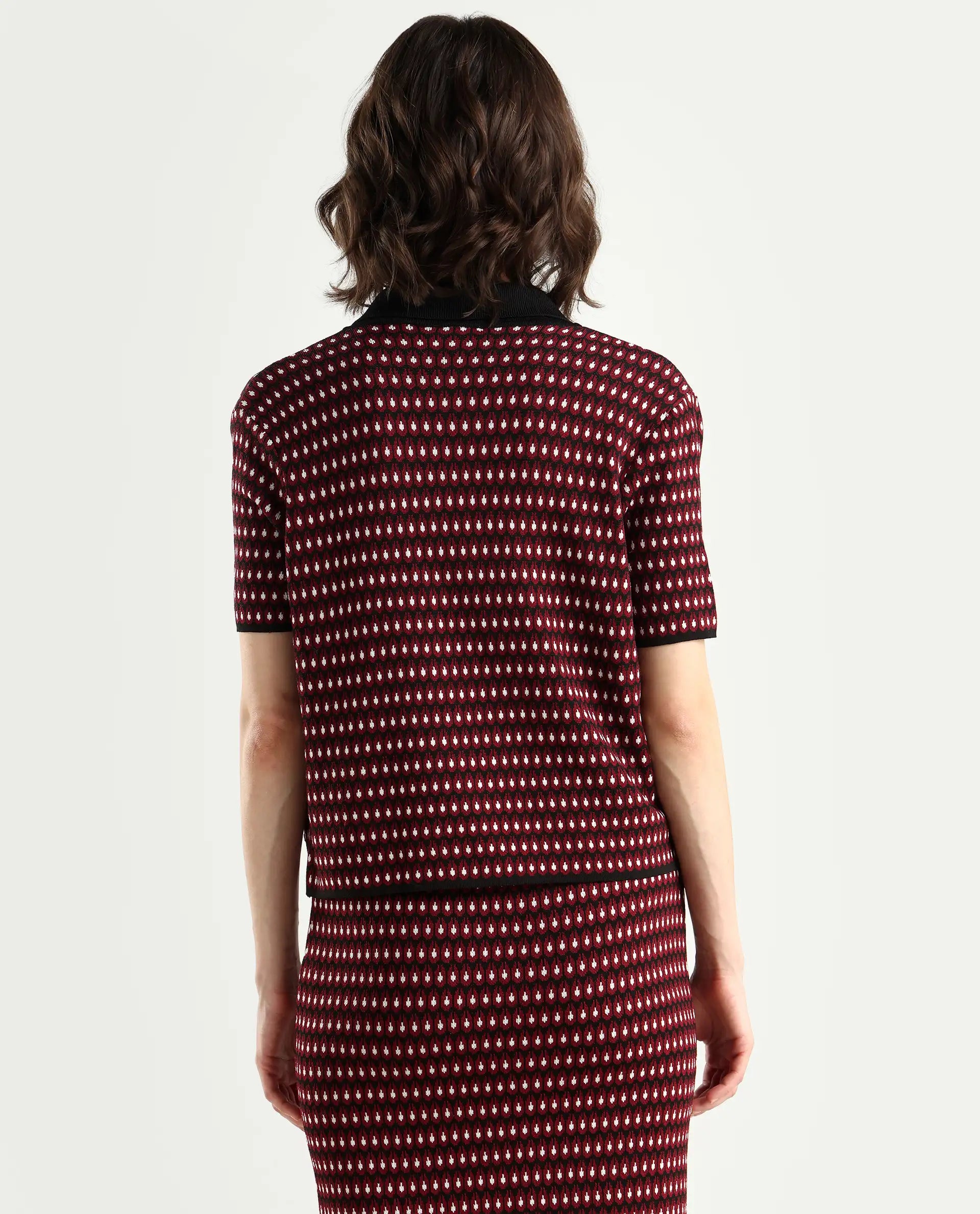 Rareism Women's Sanayi T Maroon Viscose Lapel Neck Geometric Print Midi Regular Fit Top