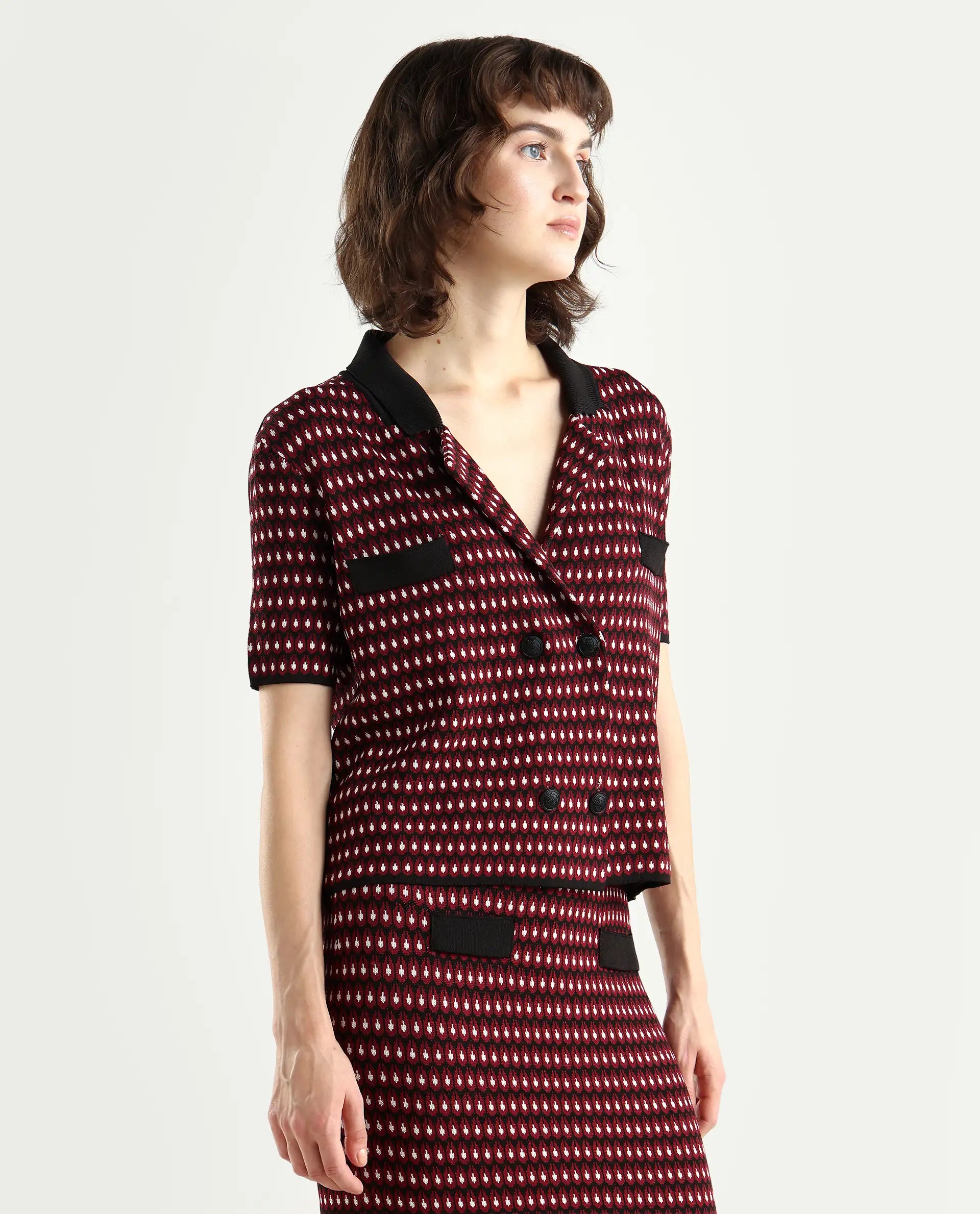 Rareism Women's Sanayi T Maroon Viscose Lapel Neck Geometric Print Midi Regular Fit Top