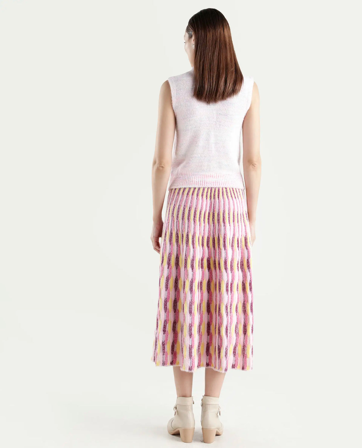 Rareism Women's Shenpa B Multi Nylon Geometric Print Midi Flared Skirt
