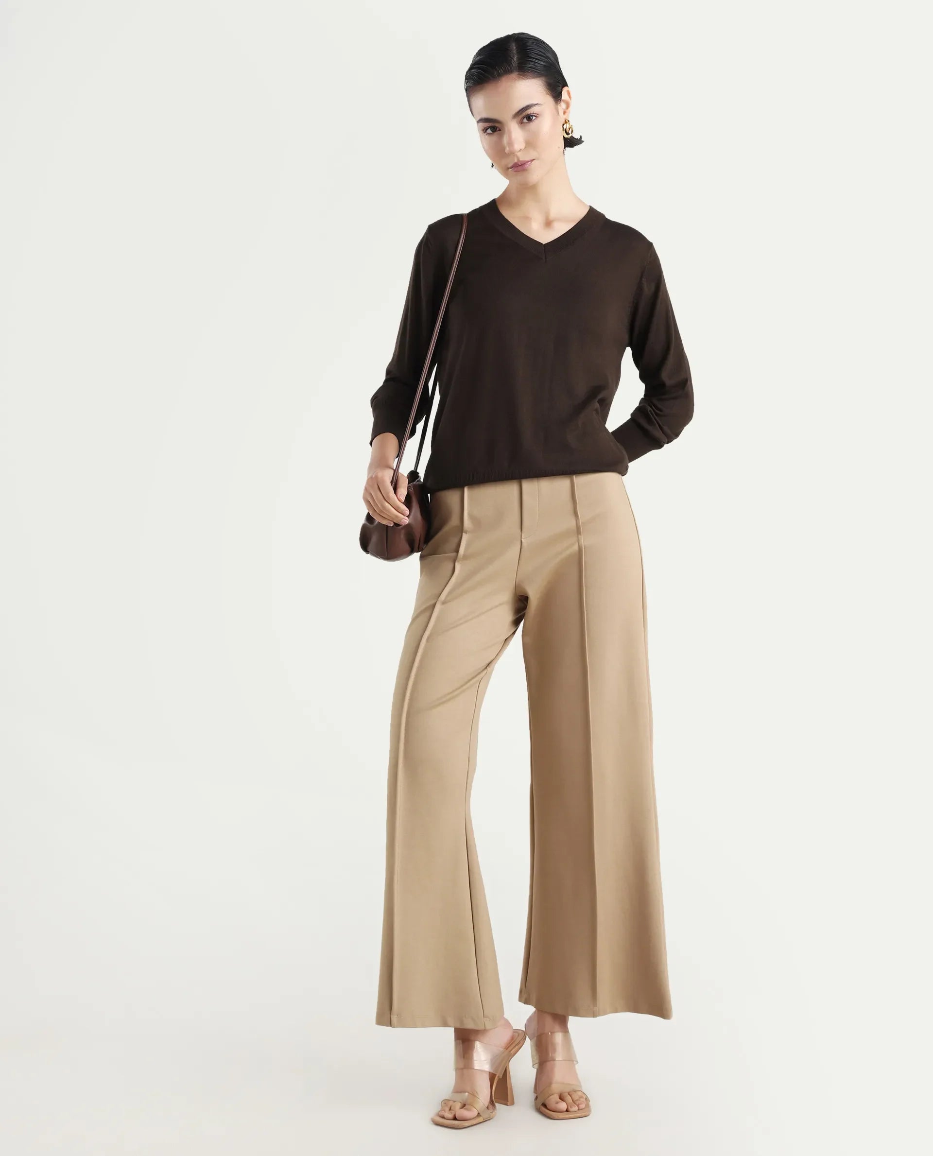 Rareism Women's Usak Brown Acrylic V-Neck Plain Regular Fitted Sweater