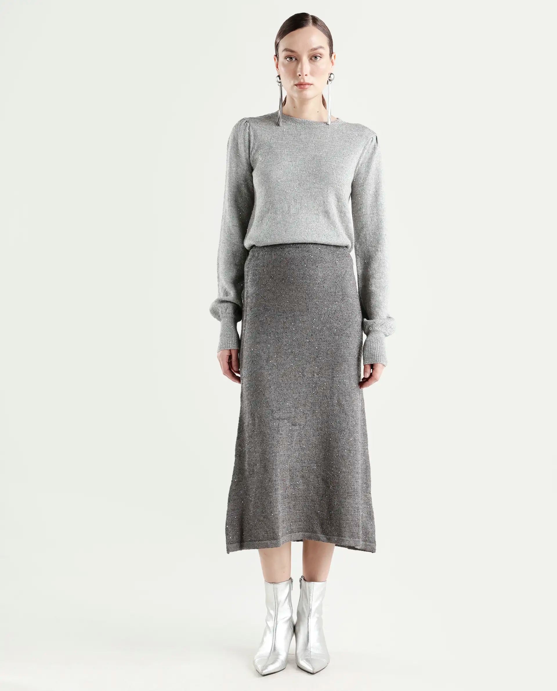 Rareism Women's Adiyaman B Dark Grey Polyester Plain Midi A-Line Skirt