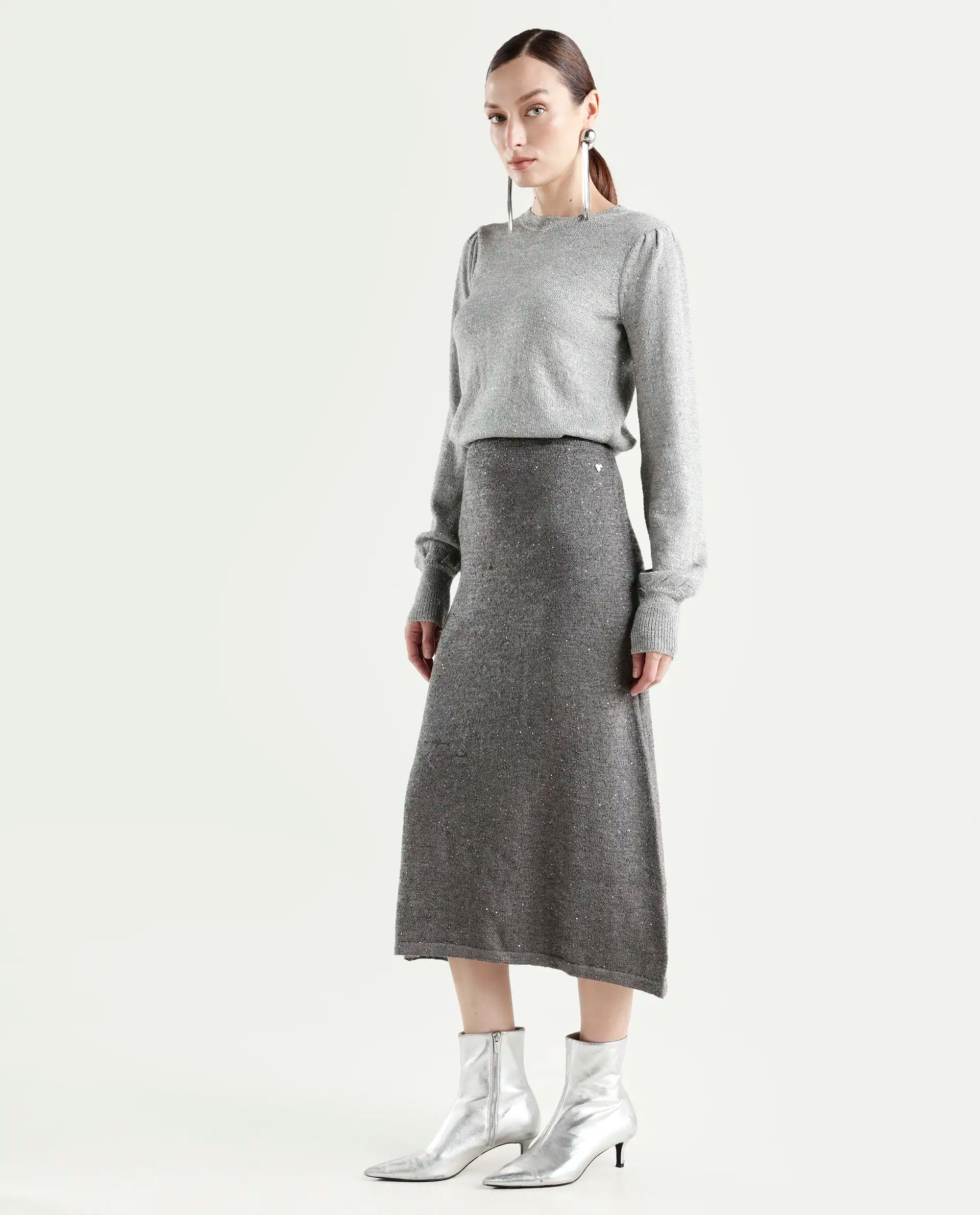 Rareism Women's Adiyaman B Dark Grey Polyester Plain Midi A-Line Skirt