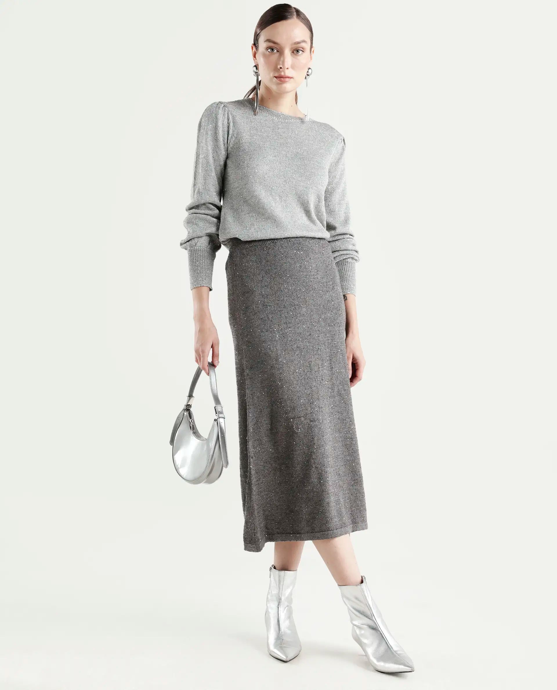 Rareism Women's Adiyaman B Dark Grey Polyester Plain Midi A-Line Skirt