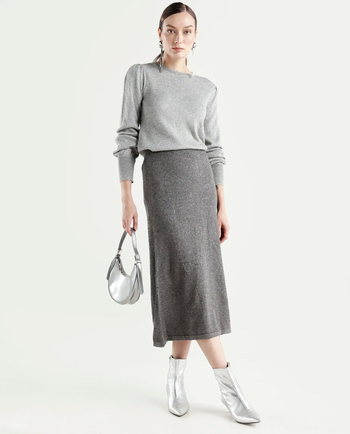 Rareism Women's Adiyaman B Dark Grey Polyester Plain Midi A-Line Skirt
