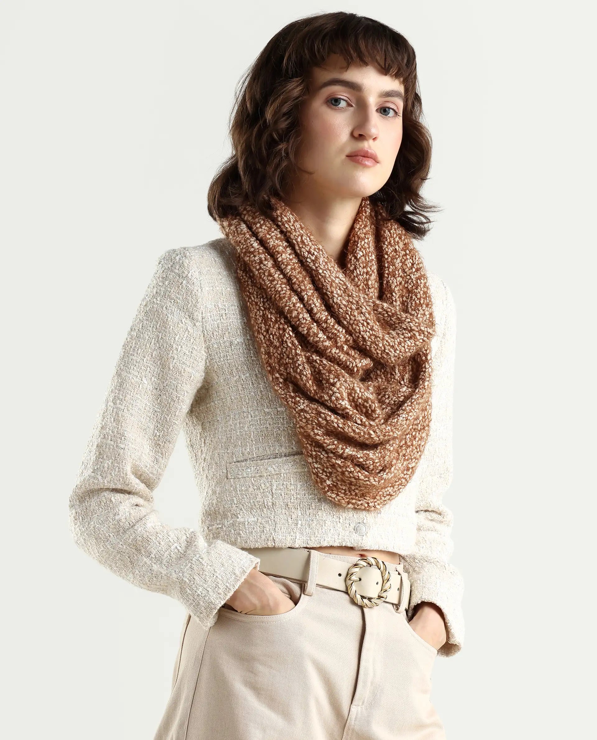 Rareism Women Infinn Brown Acrylic Plain Muffler