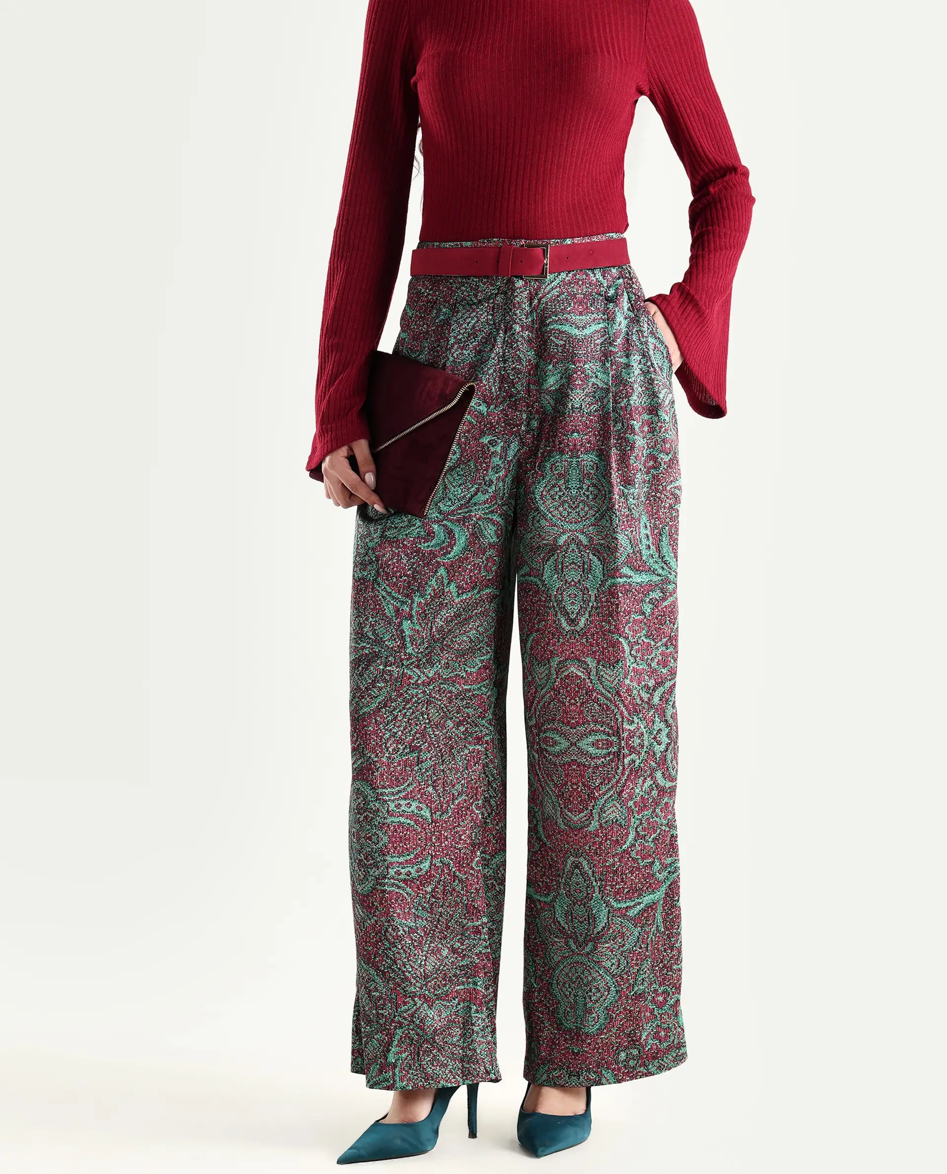 Rareism Women's Edina Multi Satin Abstract Print Ankle Length Wide Trouser