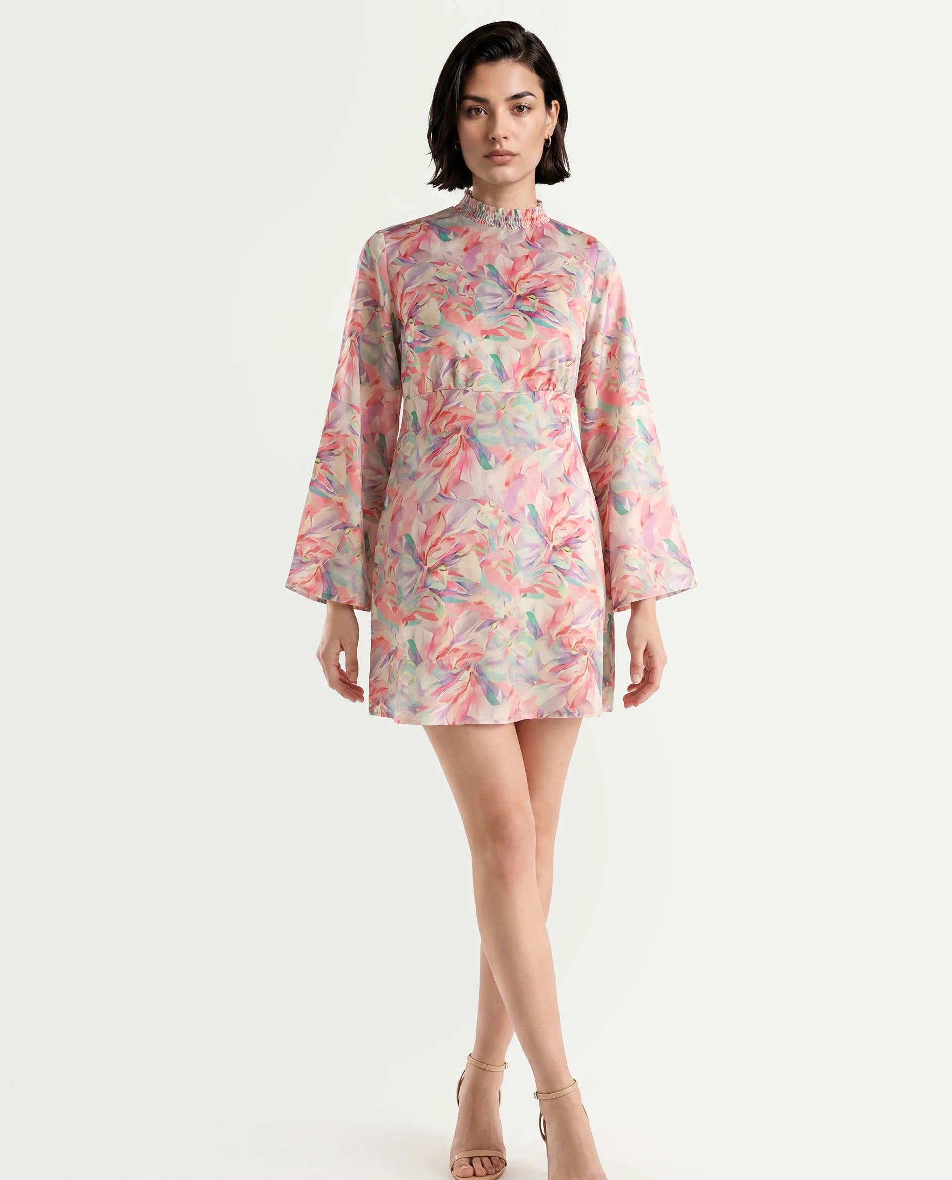 Rareism Women's Erry Light Multi Cotton Sweetheart Neck Abstract Print Bell Sleeve Knee Length Flared Dress