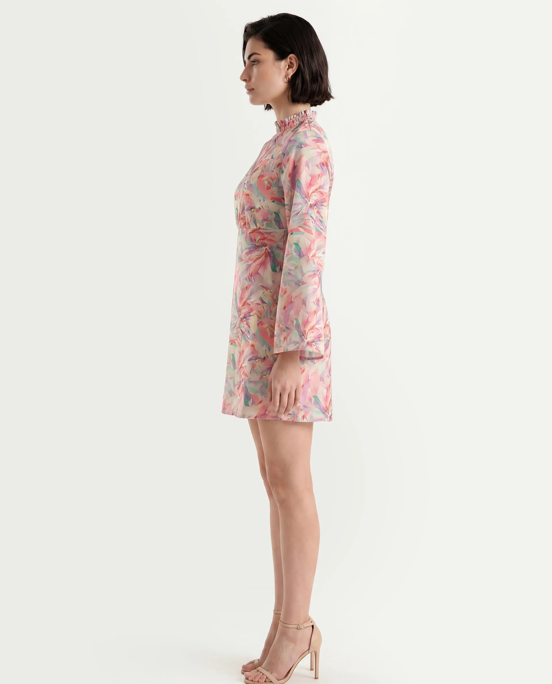 Rareism Women's Erry Light Multi Cotton Sweetheart Neck Abstract Print Bell Sleeve Knee Length Flared Dress