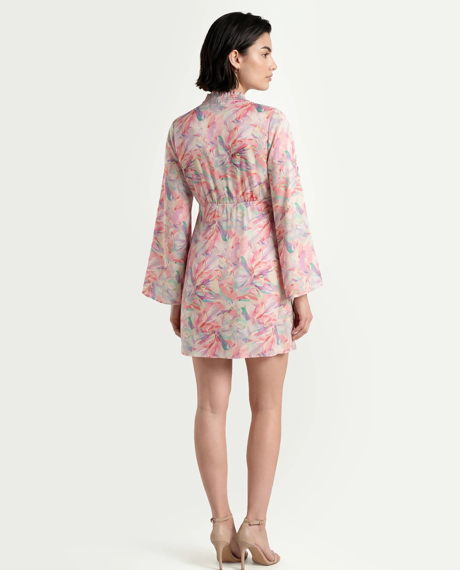 Rareism Women's Erry Light Multi Cotton Sweetheart Neck Abstract Print Bell Sleeve Knee Length Flared Dress