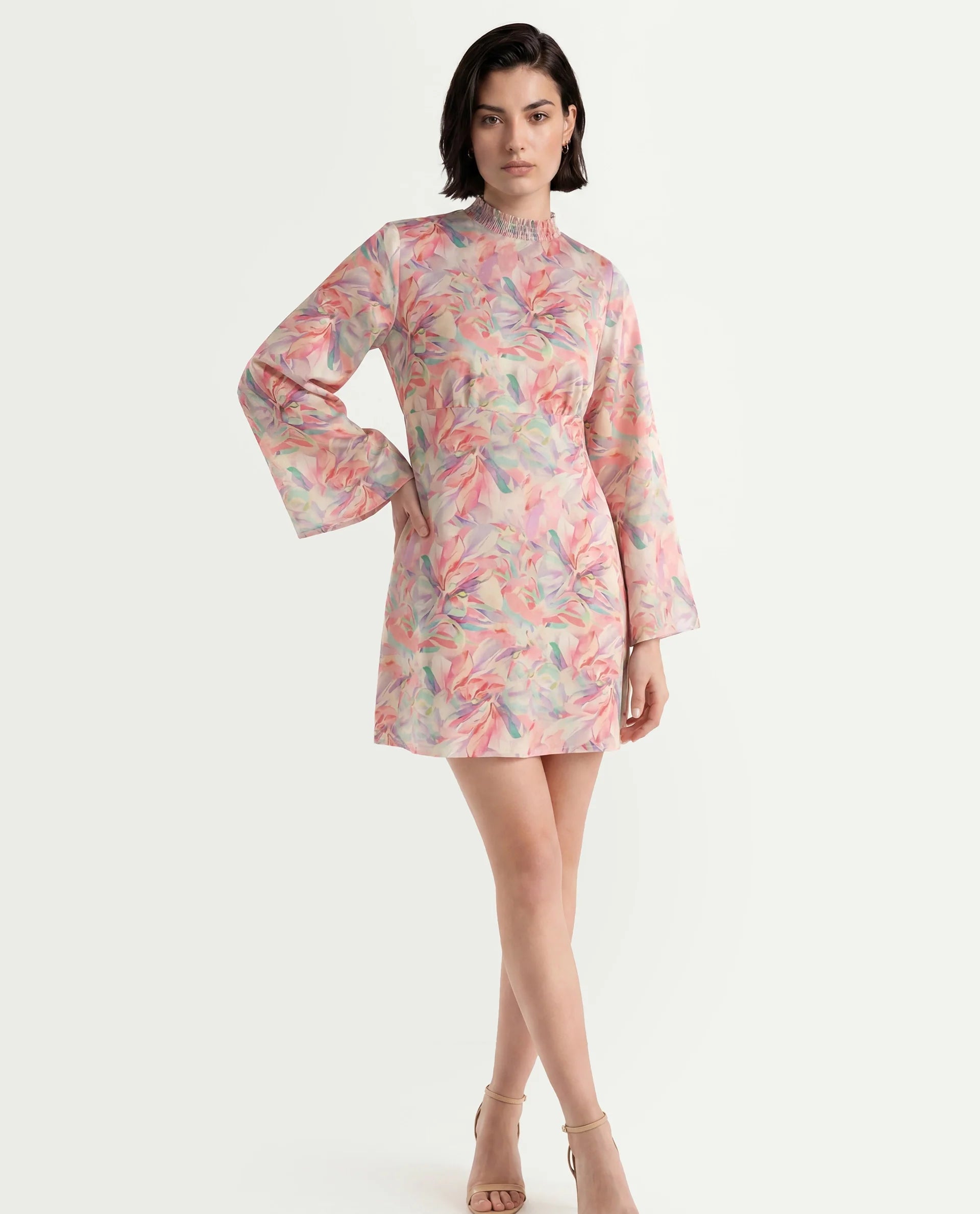 Rareism Women's Erry Light Multi Cotton Sweetheart Neck Abstract Print Bell Sleeve Knee Length Flared Dress