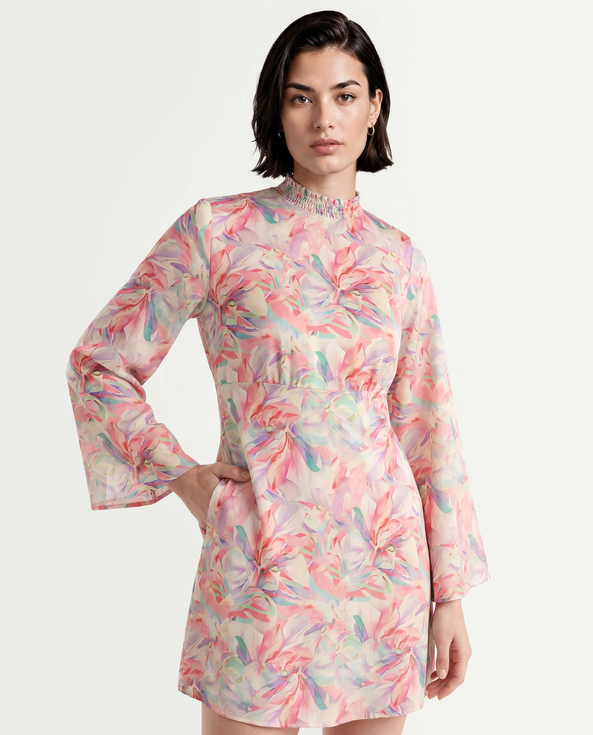 Rareism Women's Erry Light Multi Cotton Sweetheart Neck Abstract Print Bell Sleeve Knee Length Flared Dress