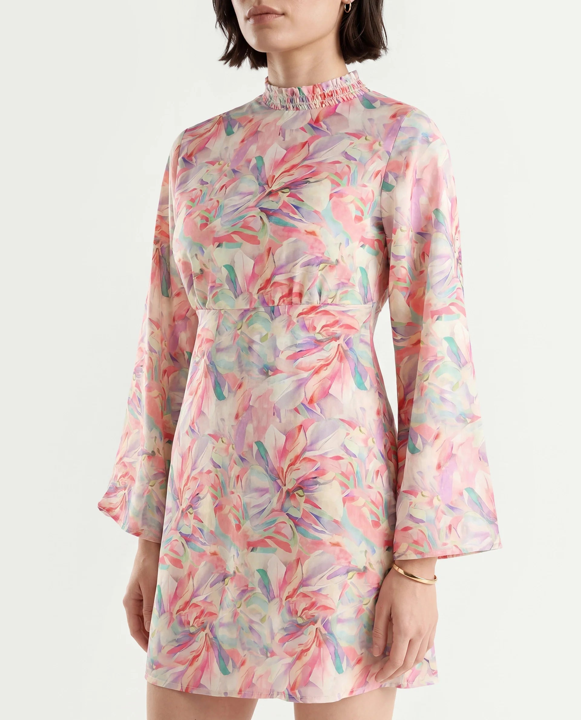 Rareism Women's Erry Light Multi Cotton Sweetheart Neck Abstract Print Bell Sleeve Knee Length Flared Dress