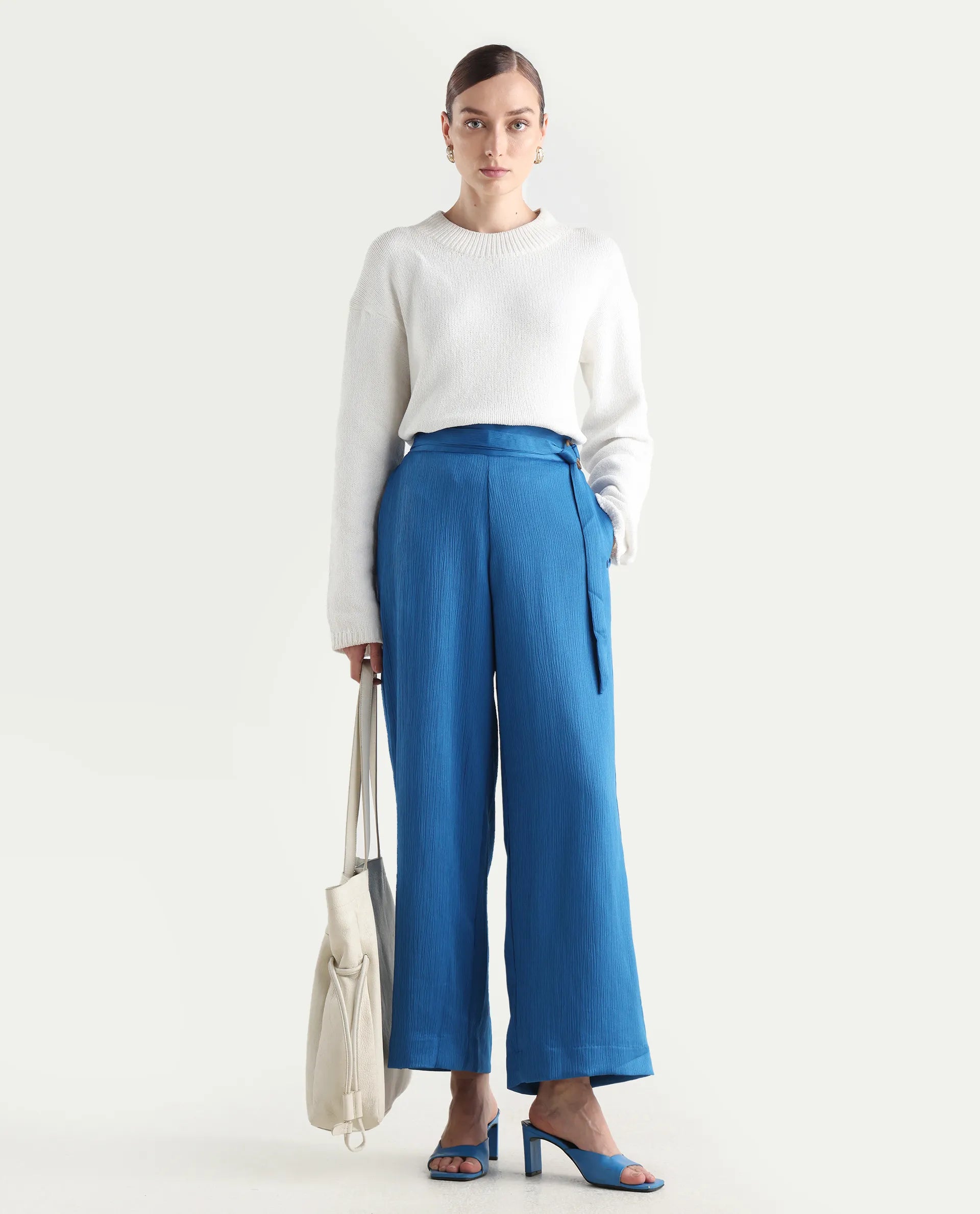 Rareism Women's Antela Blue Polyester Plain Ankle Length Wide Trouser