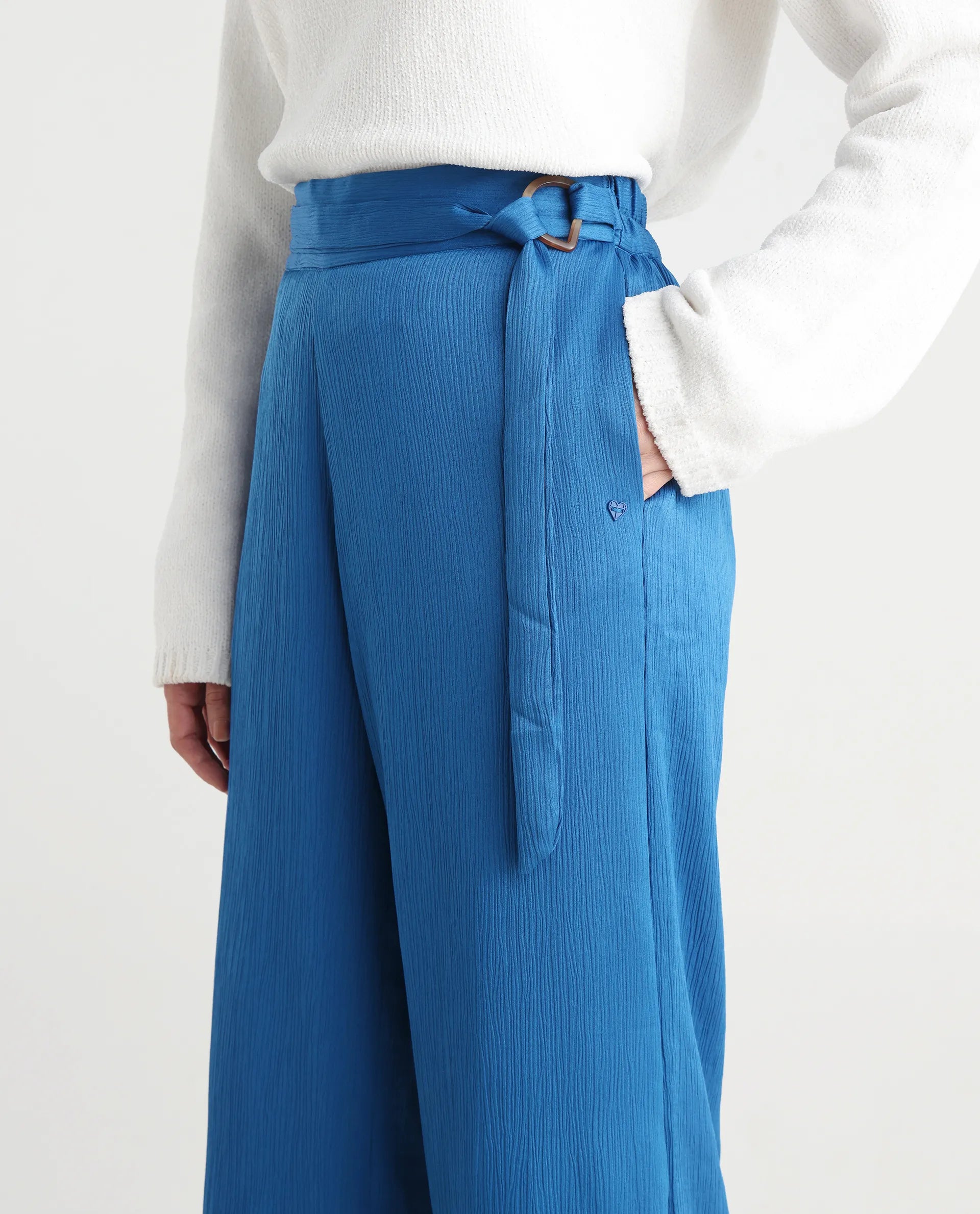 Rareism Women's Antela Blue Polyester Plain Ankle Length Wide Trouser