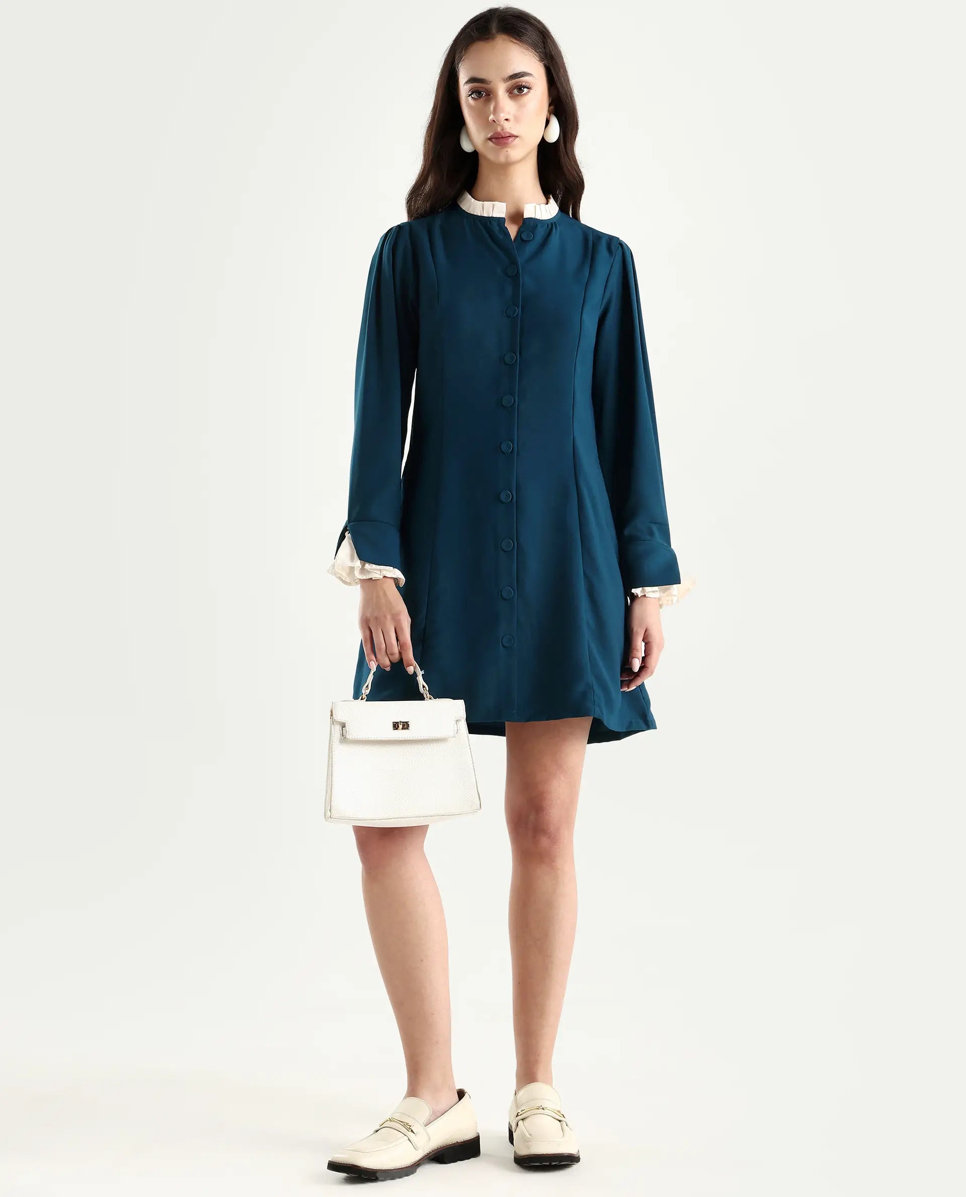 Rareism Women's Bayburt Teal Satin Sweetheart Neck Plain Knee Length Straight Fit Dress