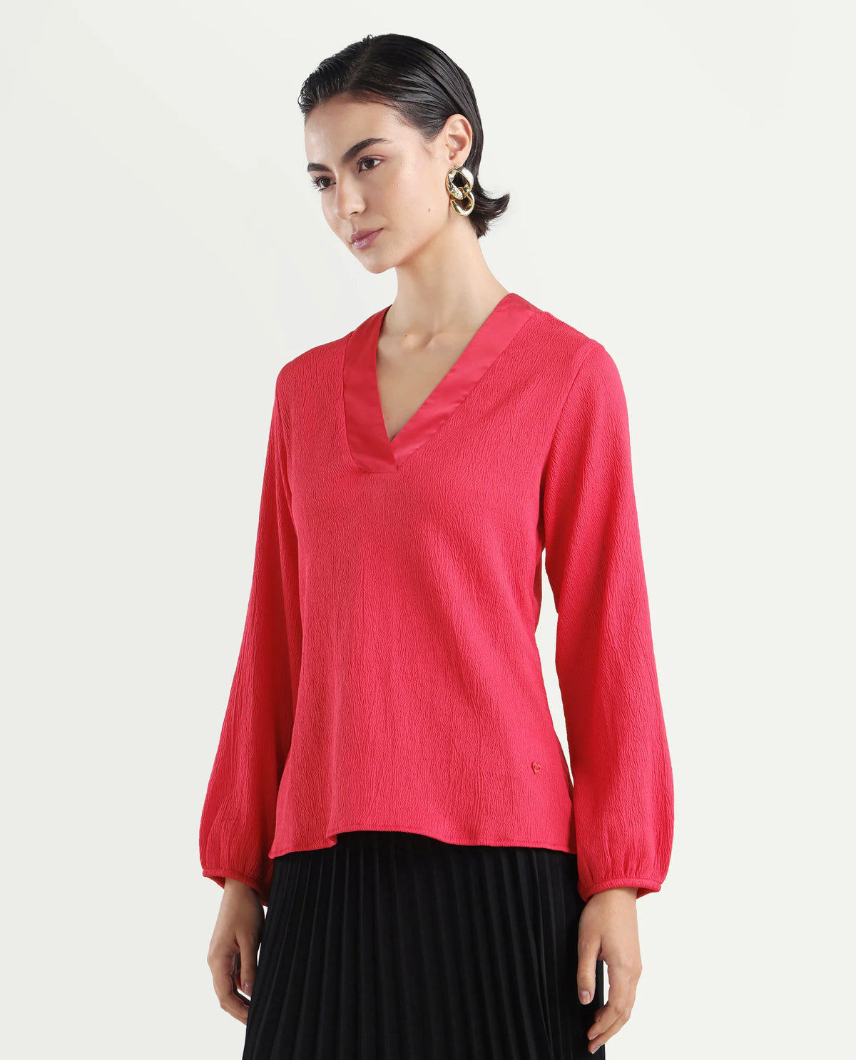 Rareism Women's Boco Pink Polyester V-Neck Plain Balloon Sleeve Regular Fit Top