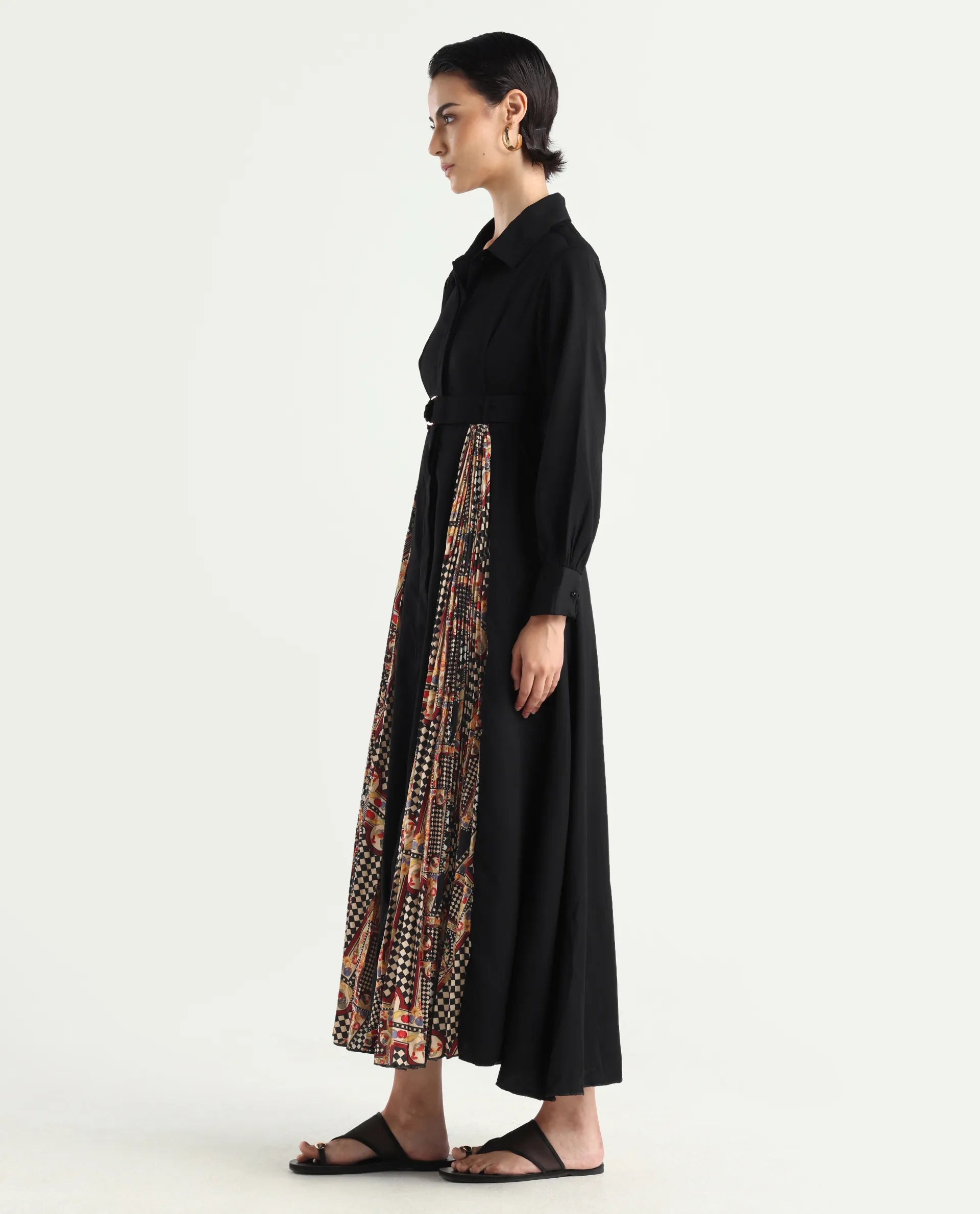 Rareism Women's Canadzor Multi Satin Drop Collar Geometric Print Bishop Sleeve Maxi Flared Dress