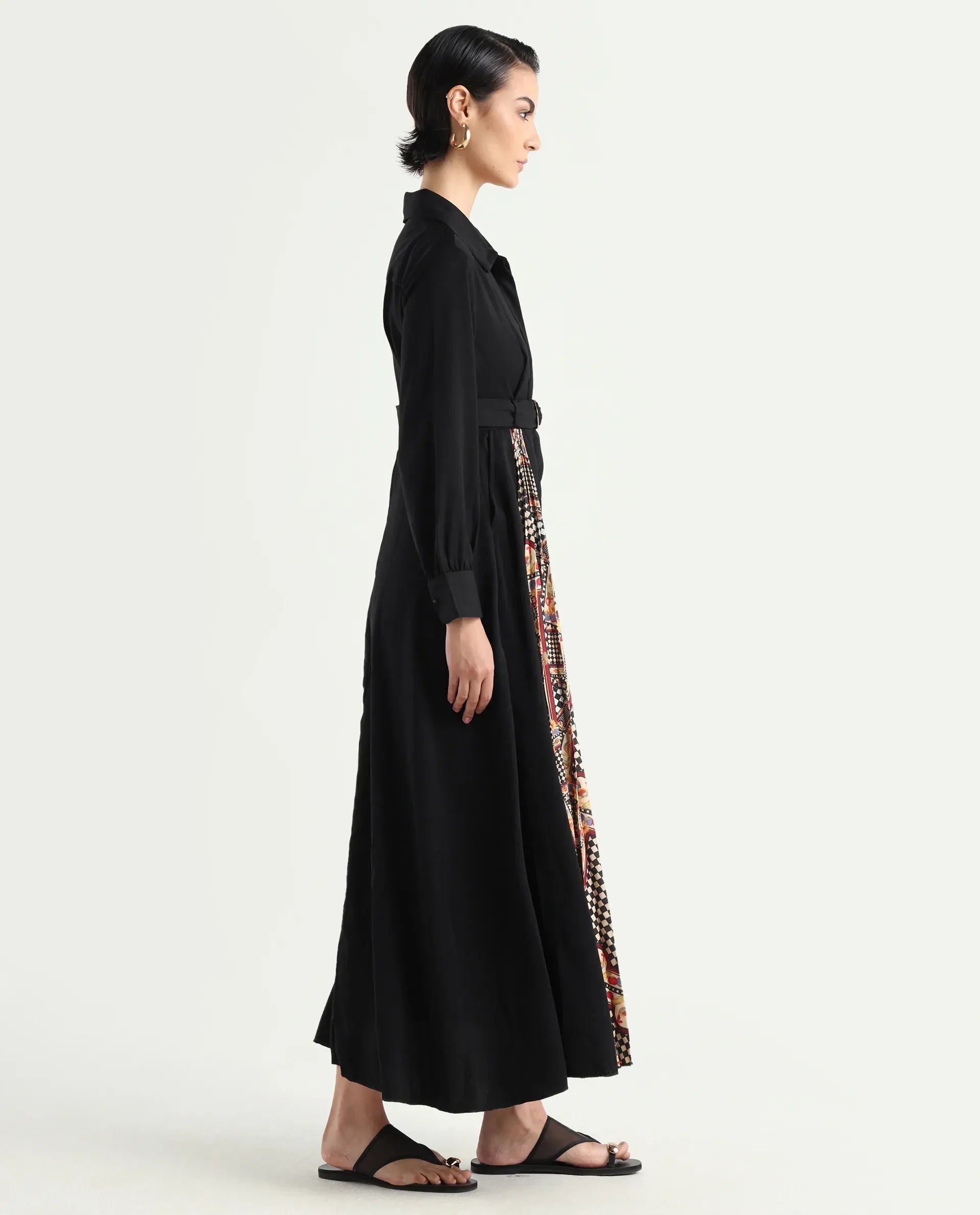 Rareism Women's Canadzor Multi Satin Drop Collar Geometric Print Bishop Sleeve Maxi Flared Dress