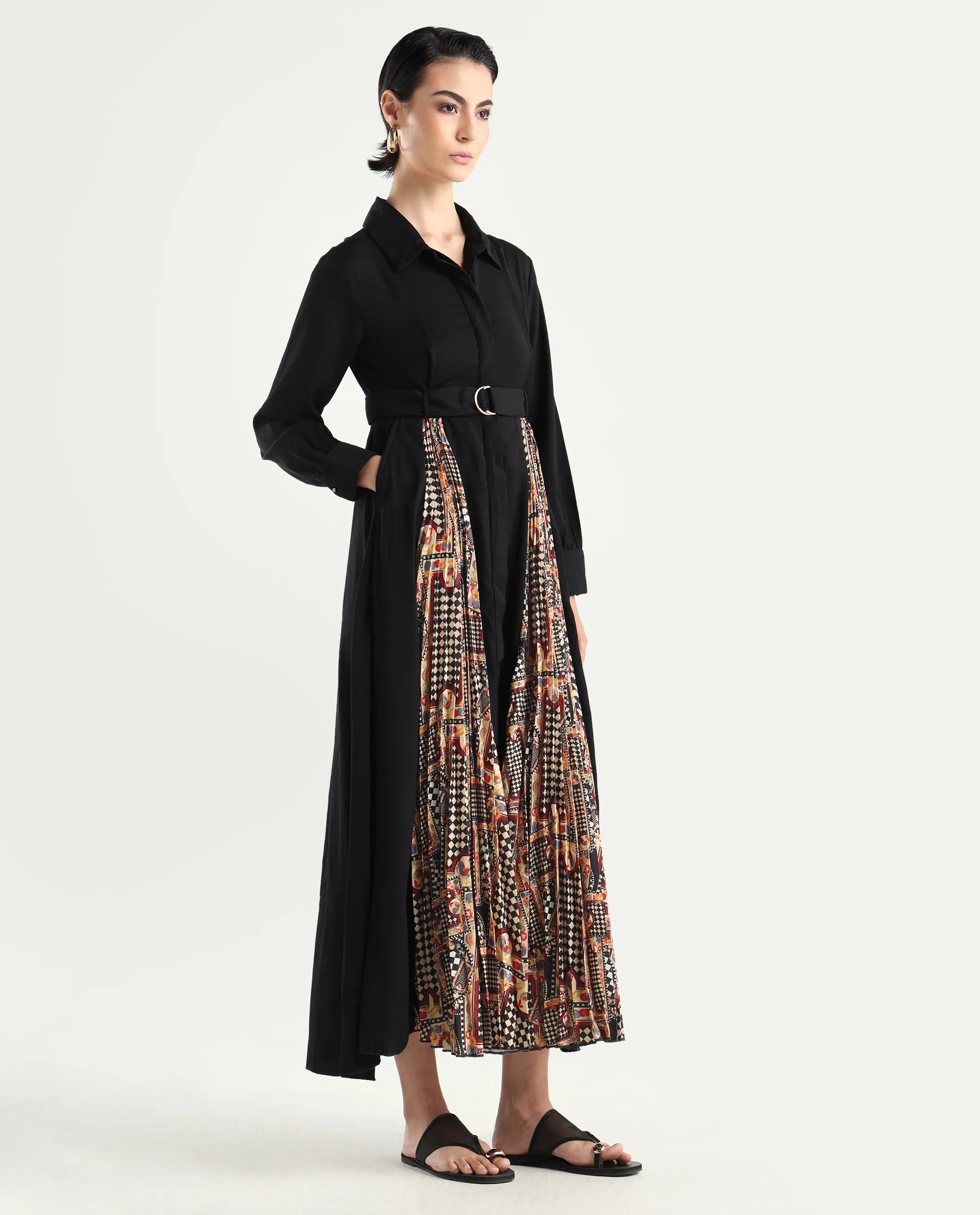 Rareism Women's Canadzor Multi Satin Drop Collar Geometric Print Bishop Sleeve Maxi Flared Dress