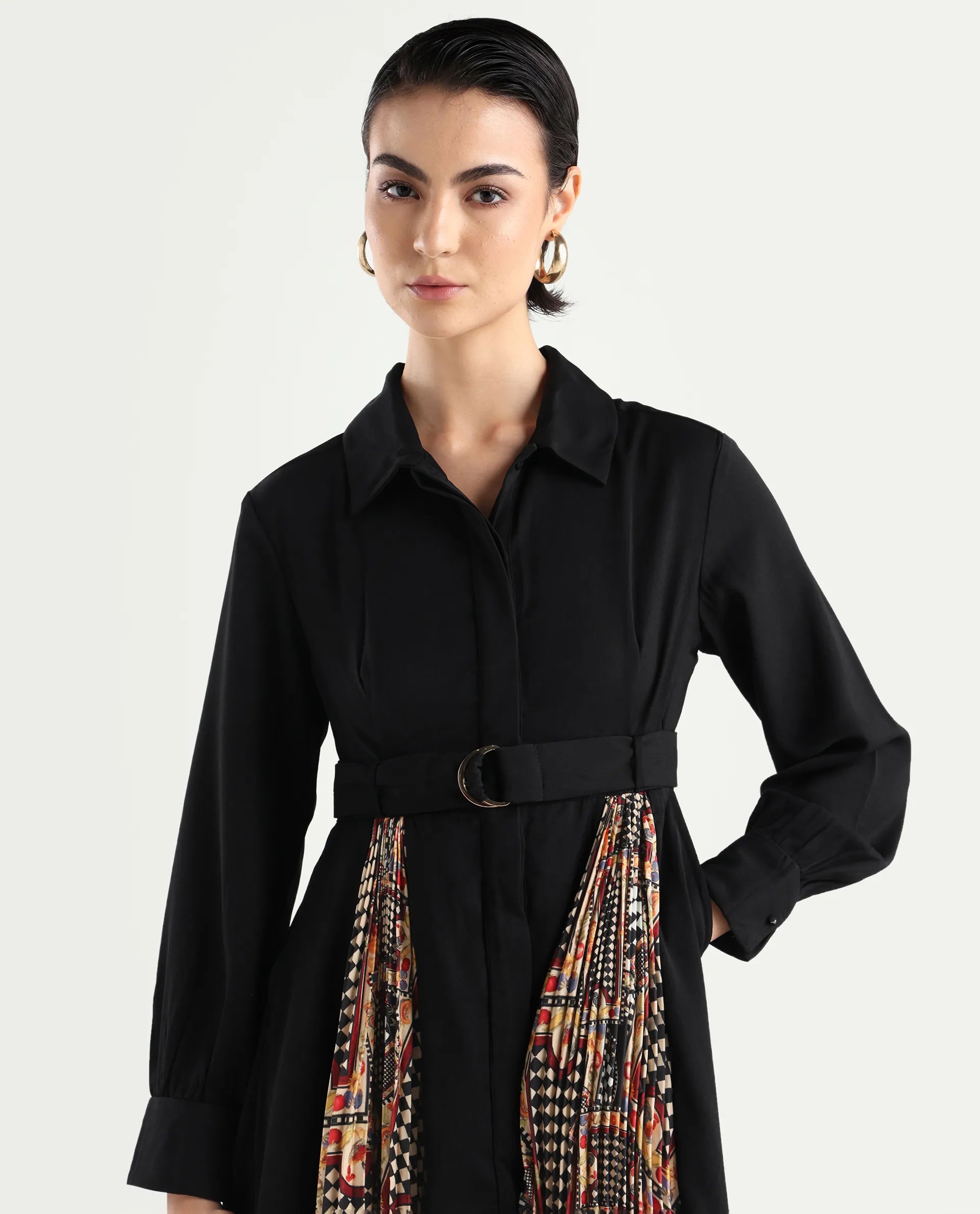 Rareism Women's Canadzor Multi Satin Drop Collar Geometric Print Bishop Sleeve Maxi Flared Dress