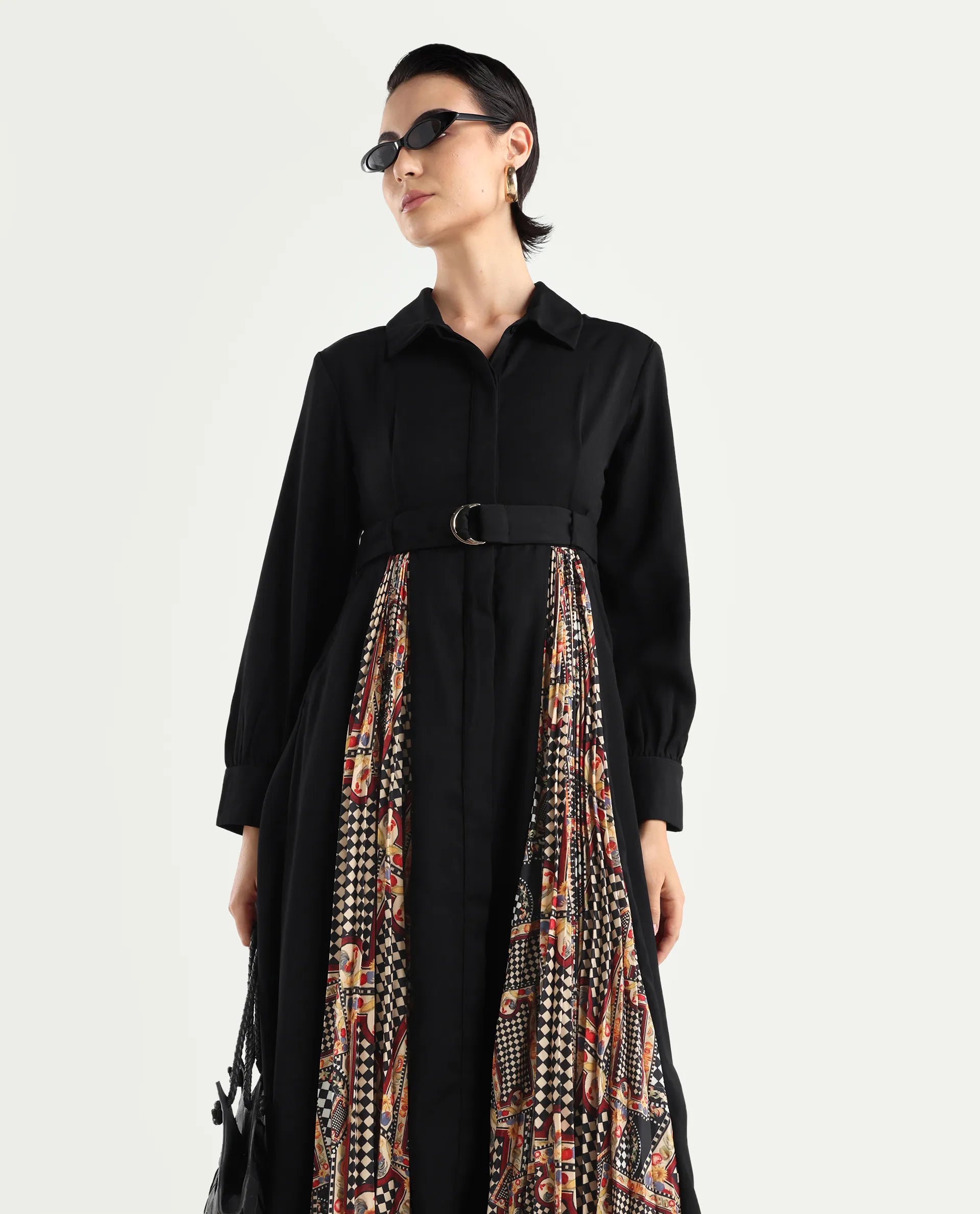 Rareism Women's Canadzor Multi Satin Drop Collar Geometric Print Bishop Sleeve Maxi Flared Dress
