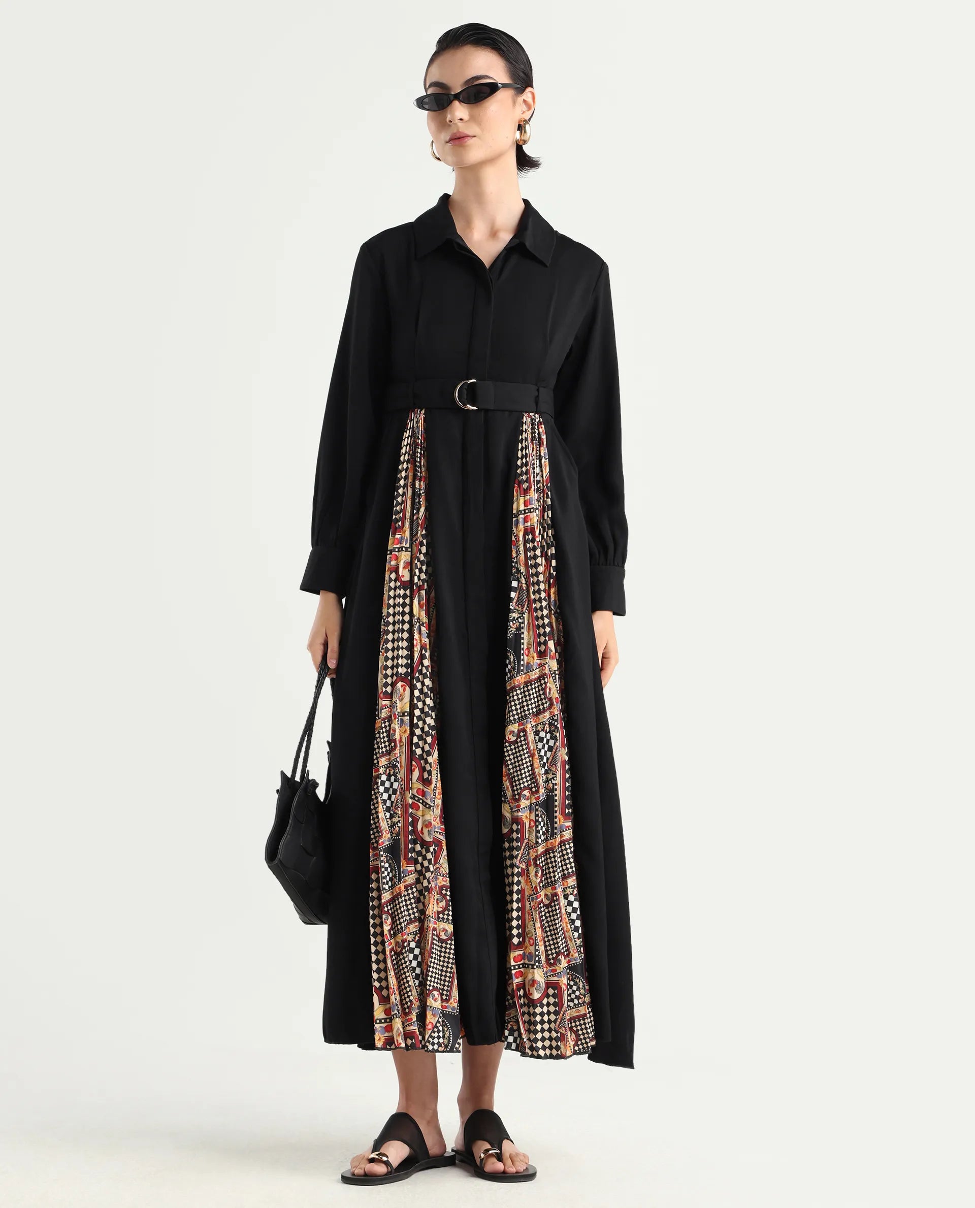 Rareism Women's Canadzor Multi Satin Drop Collar Geometric Print Bishop Sleeve Maxi Flared Dress