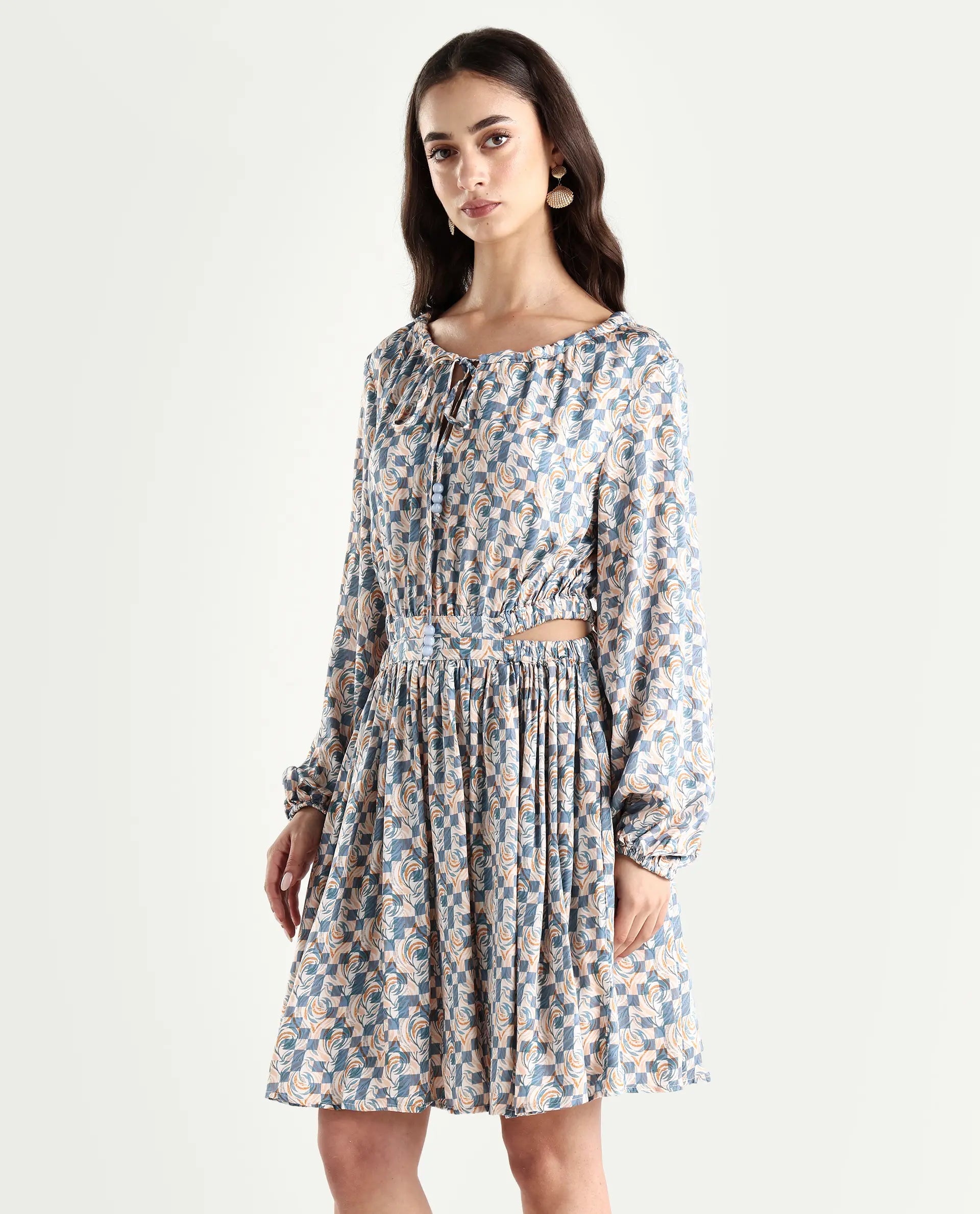 Rareism Women's Chile Light Multi Cotton Blend Crew Neck Geometric Print Puff Sleeves Knee Length A-Line Dress