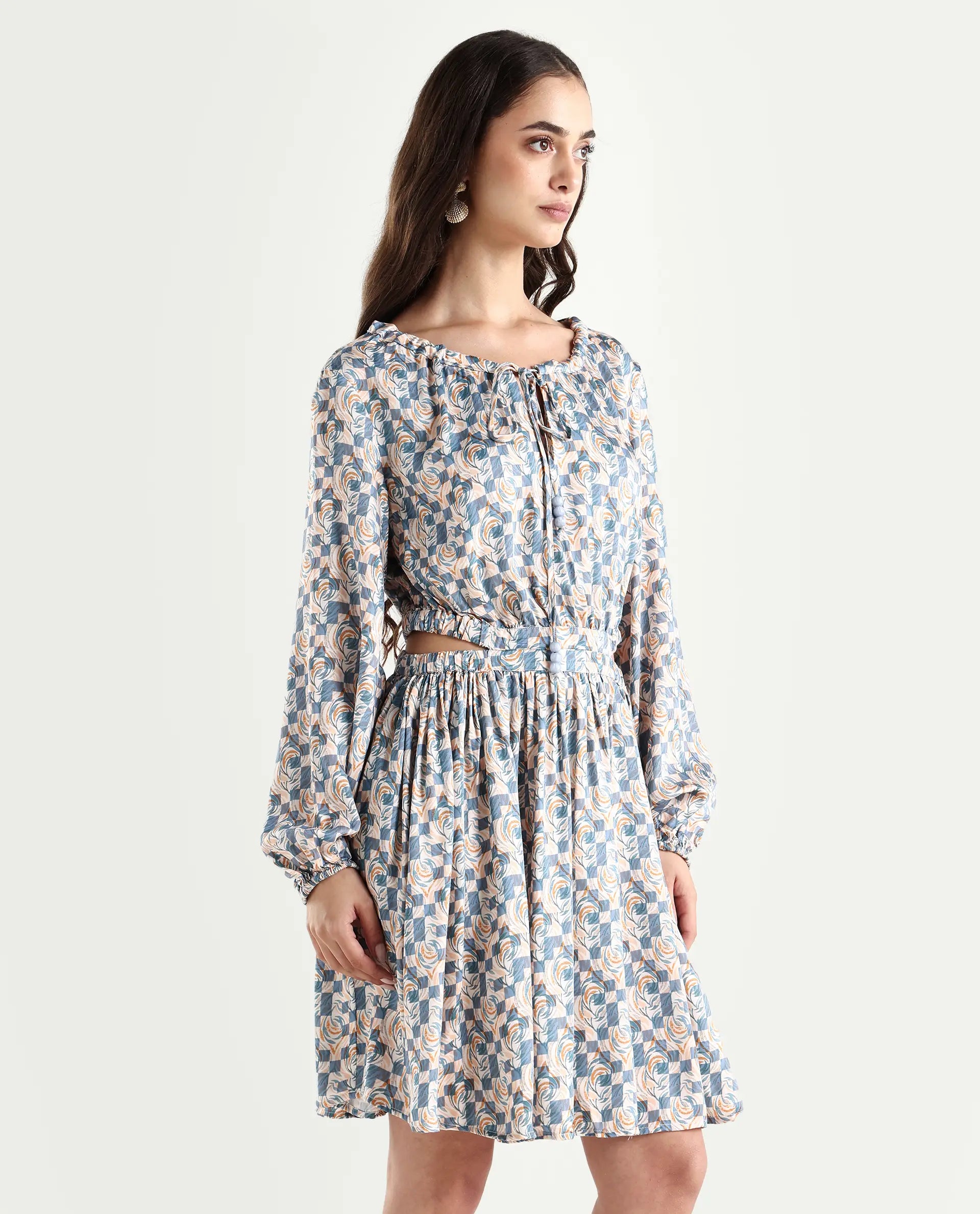 Rareism Women's Chile Light Multi Cotton Blend Crew Neck Geometric Print Puff Sleeves Knee Length A-Line Dress