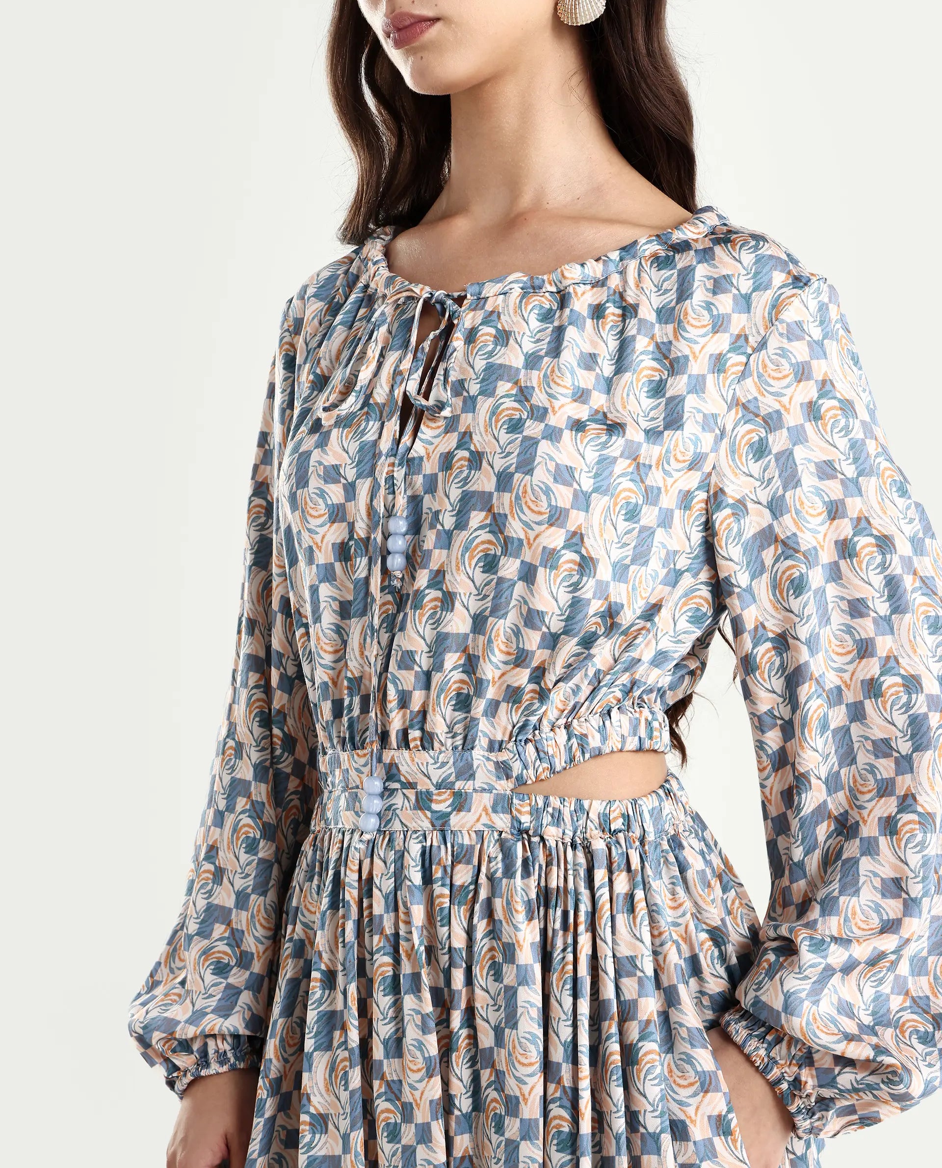 Rareism Women's Chile Light Multi Cotton Blend Crew Neck Geometric Print Puff Sleeves Knee Length A-Line Dress