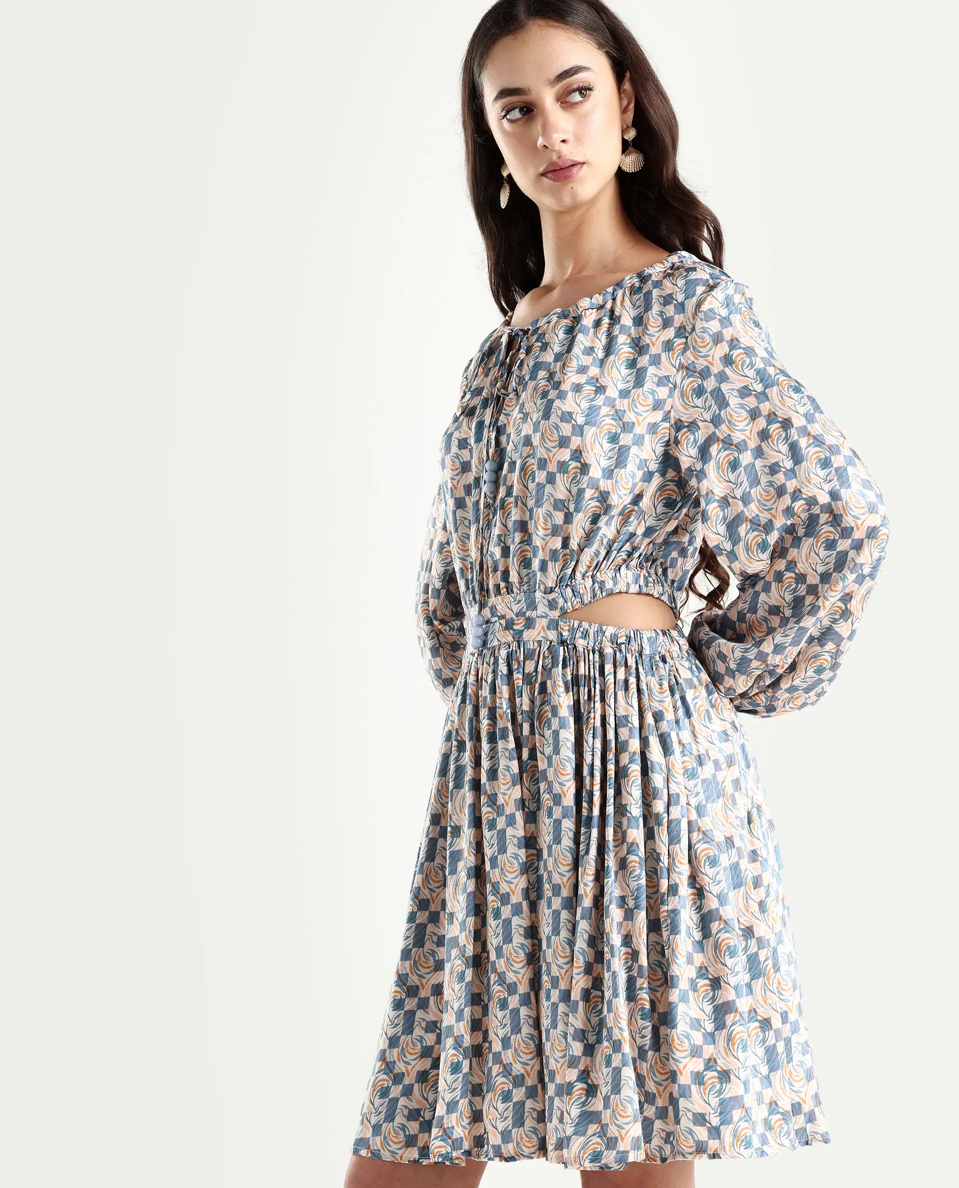 Rareism Women's Chile Light Multi Cotton Blend Crew Neck Geometric Print Puff Sleeves Knee Length A-Line Dress