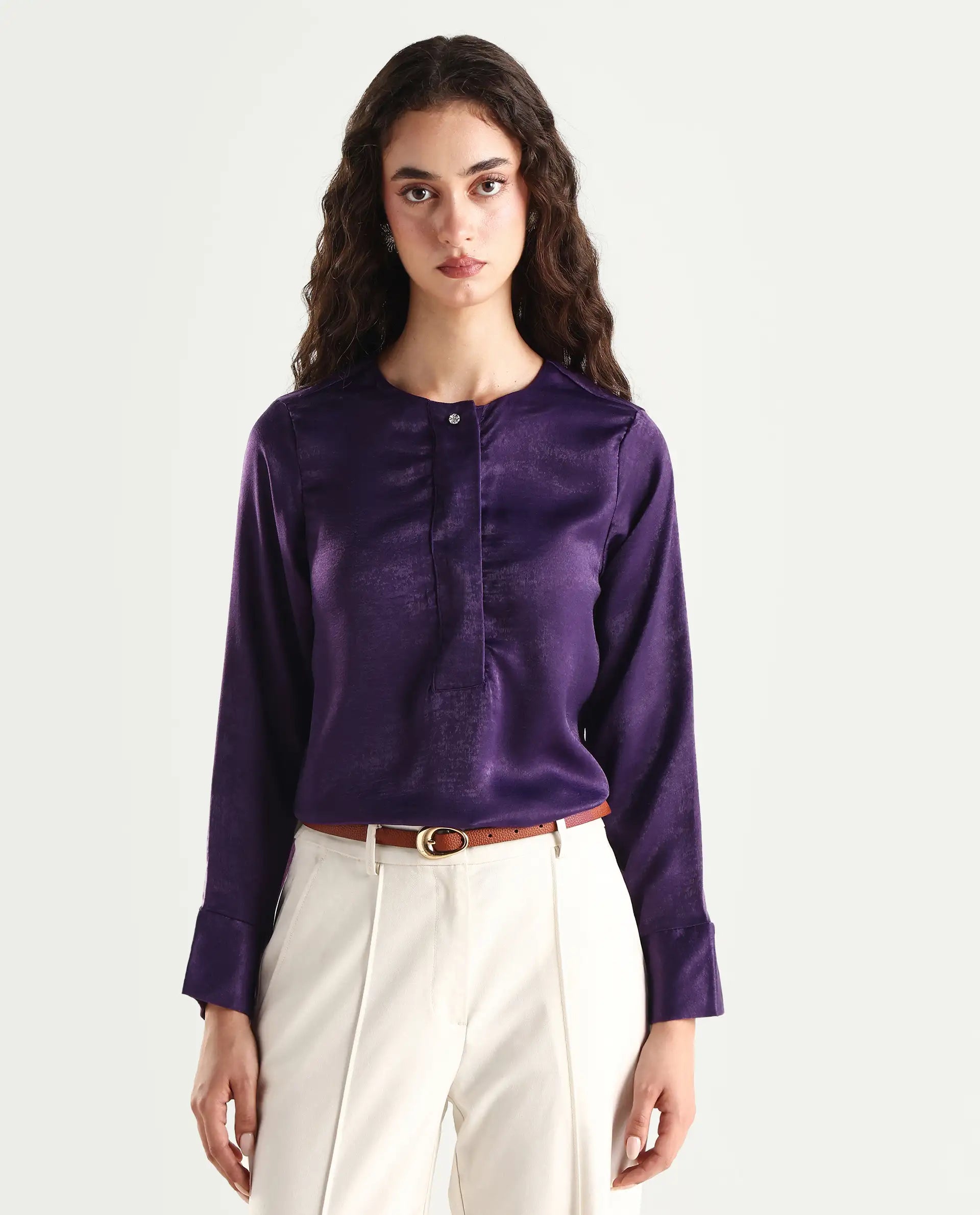 Rareism Women's Daxzo Purple Velvet Crew Neck Plain Relaxed Fit Top