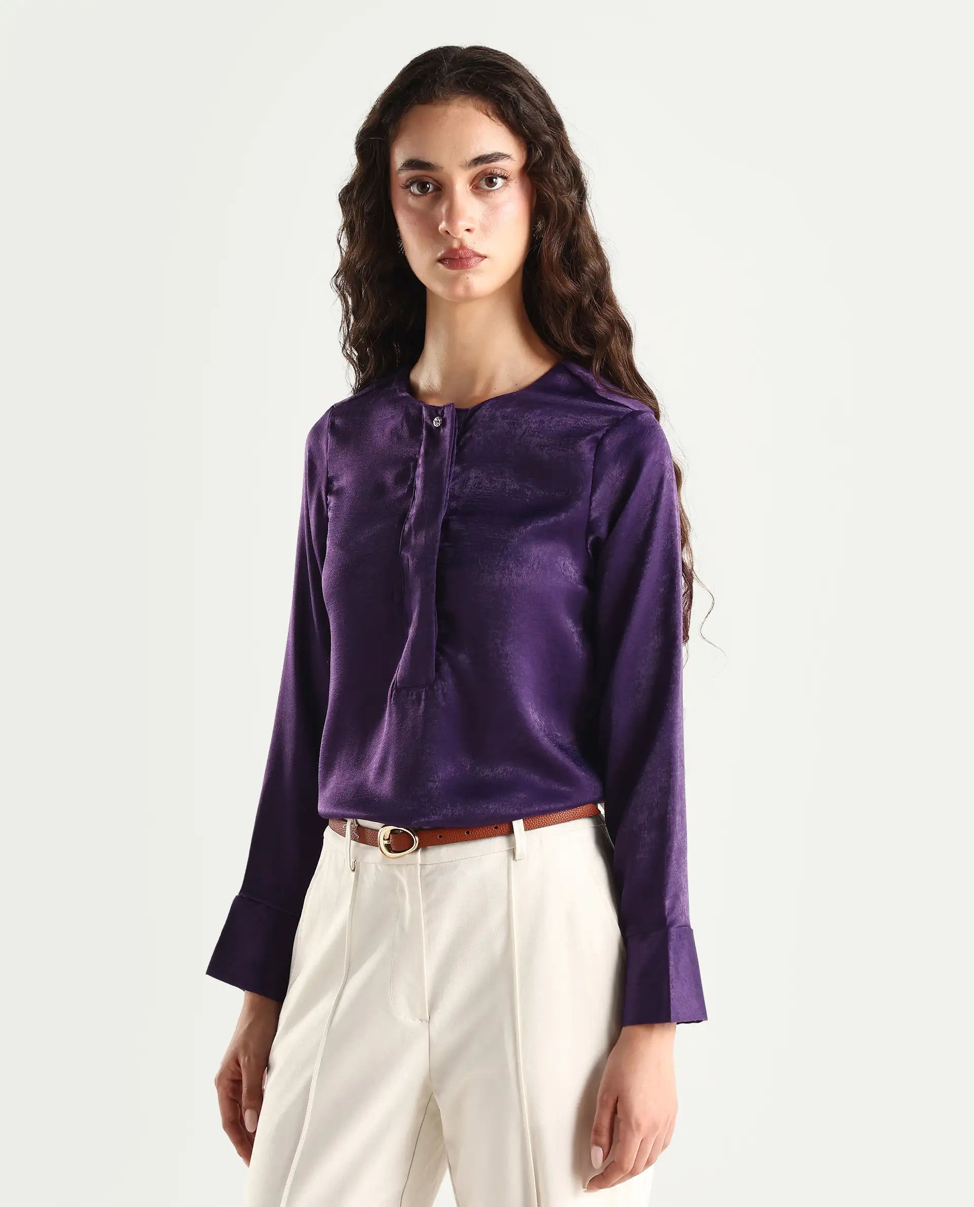 Rareism Women's Daxzo Purple Velvet Crew Neck Plain Relaxed Fit Top