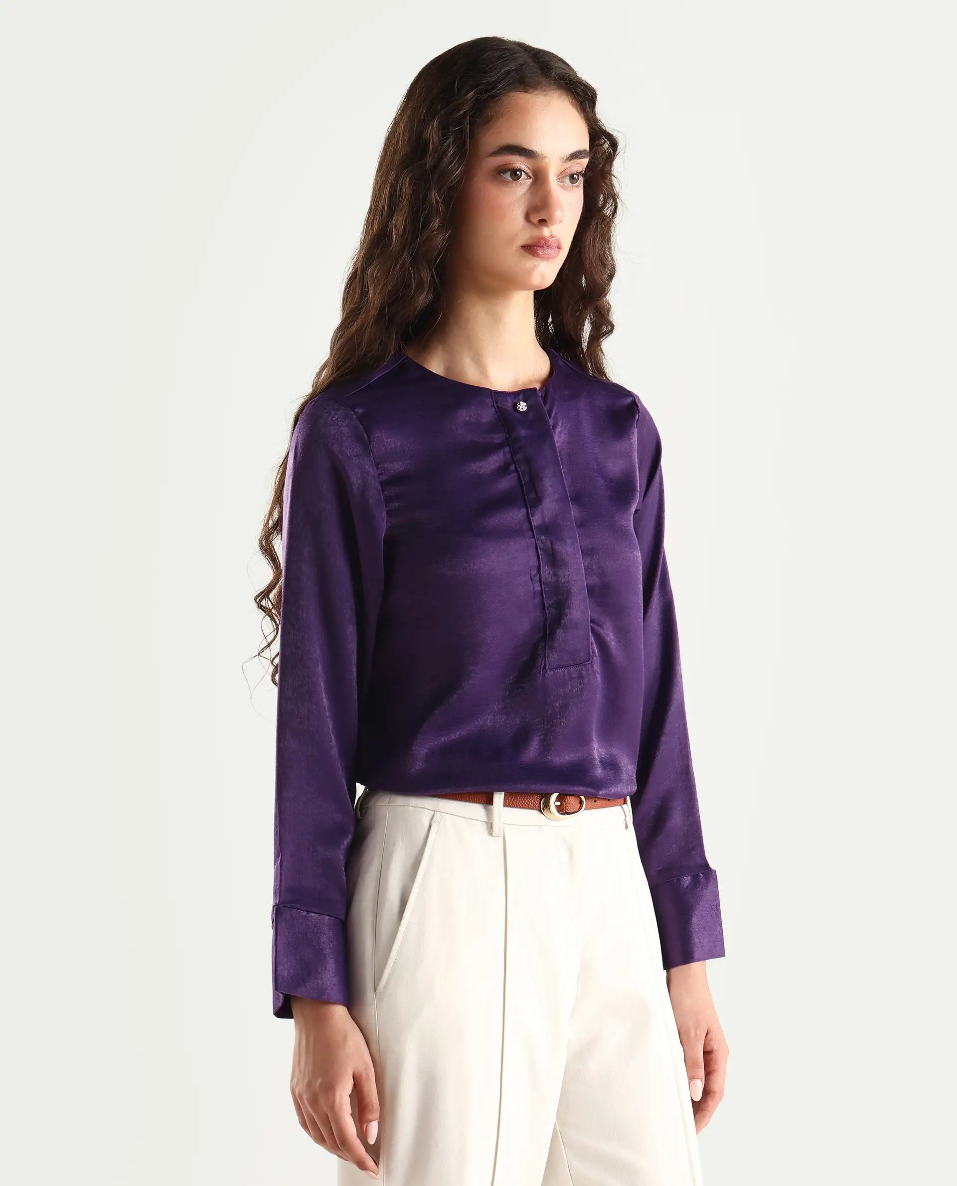 Rareism Women's Daxzo Purple Velvet Crew Neck Plain Relaxed Fit Top