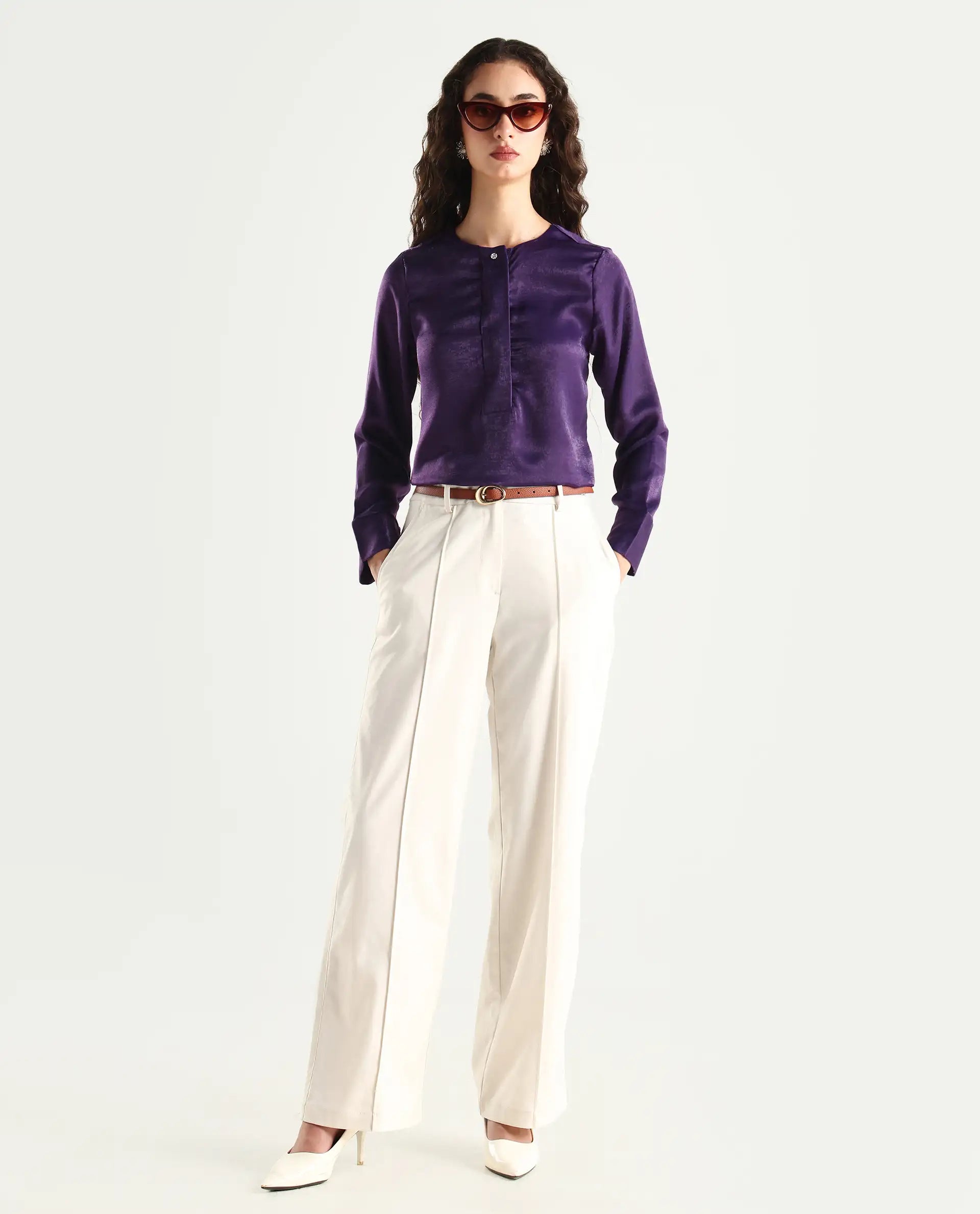 Rareism Women's Daxzo Purple Velvet Crew Neck Plain Relaxed Fit Top