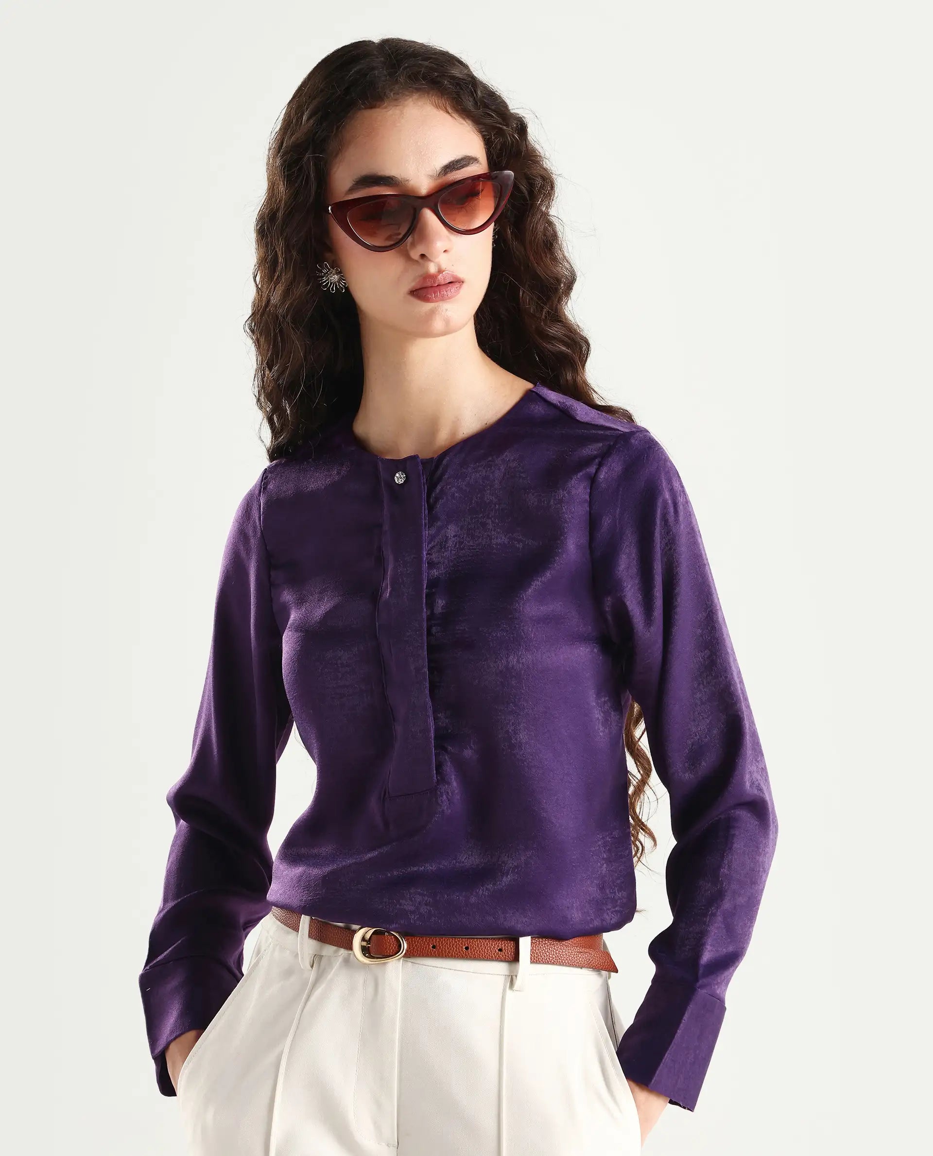 Rareism Women's Daxzo Purple Velvet Crew Neck Plain Relaxed Fit Top