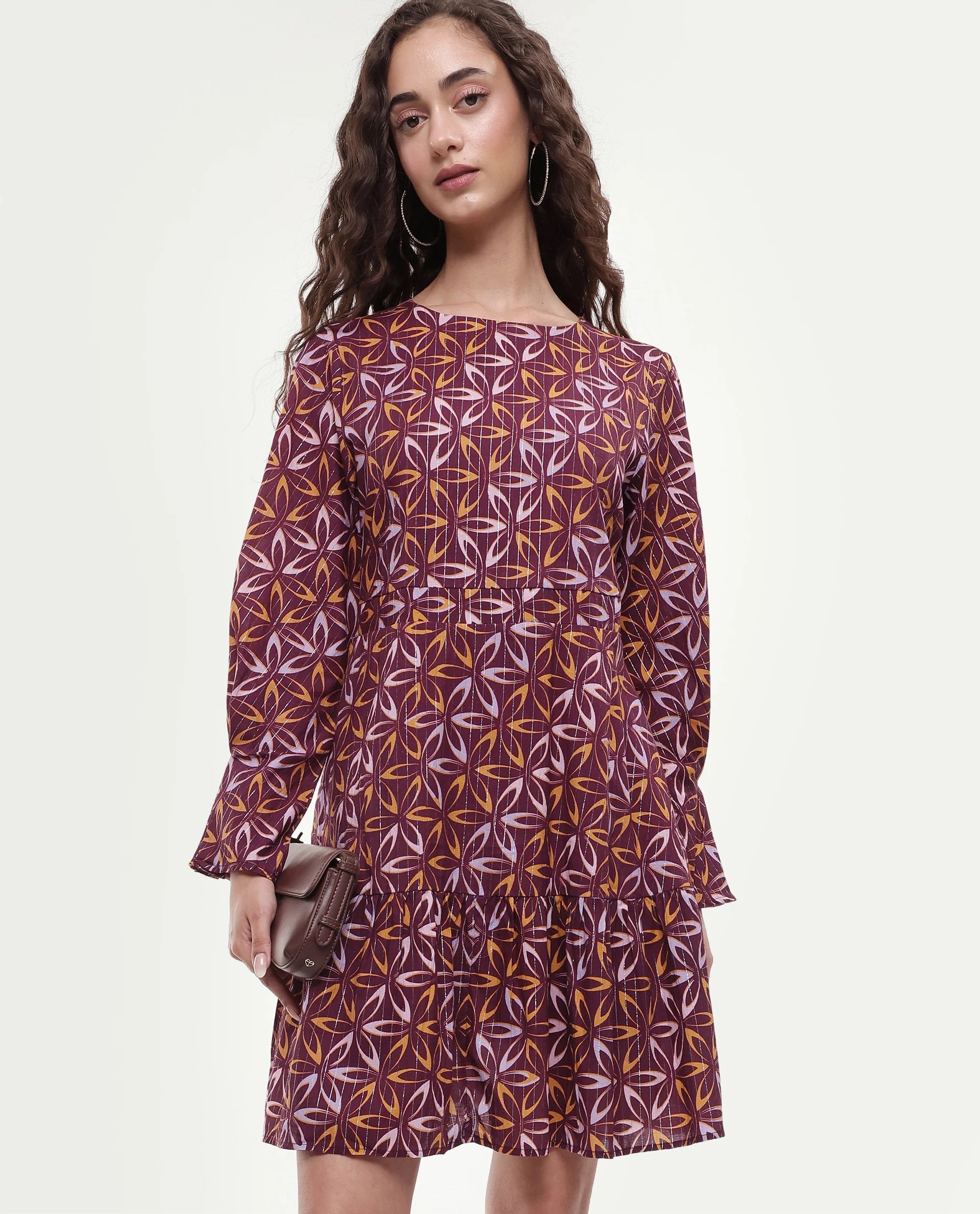 Rareism Women's Nesia Multi Cotton Sweetheart Neck Geometric Print Puff Sleeves Knee Length Tiered Dress