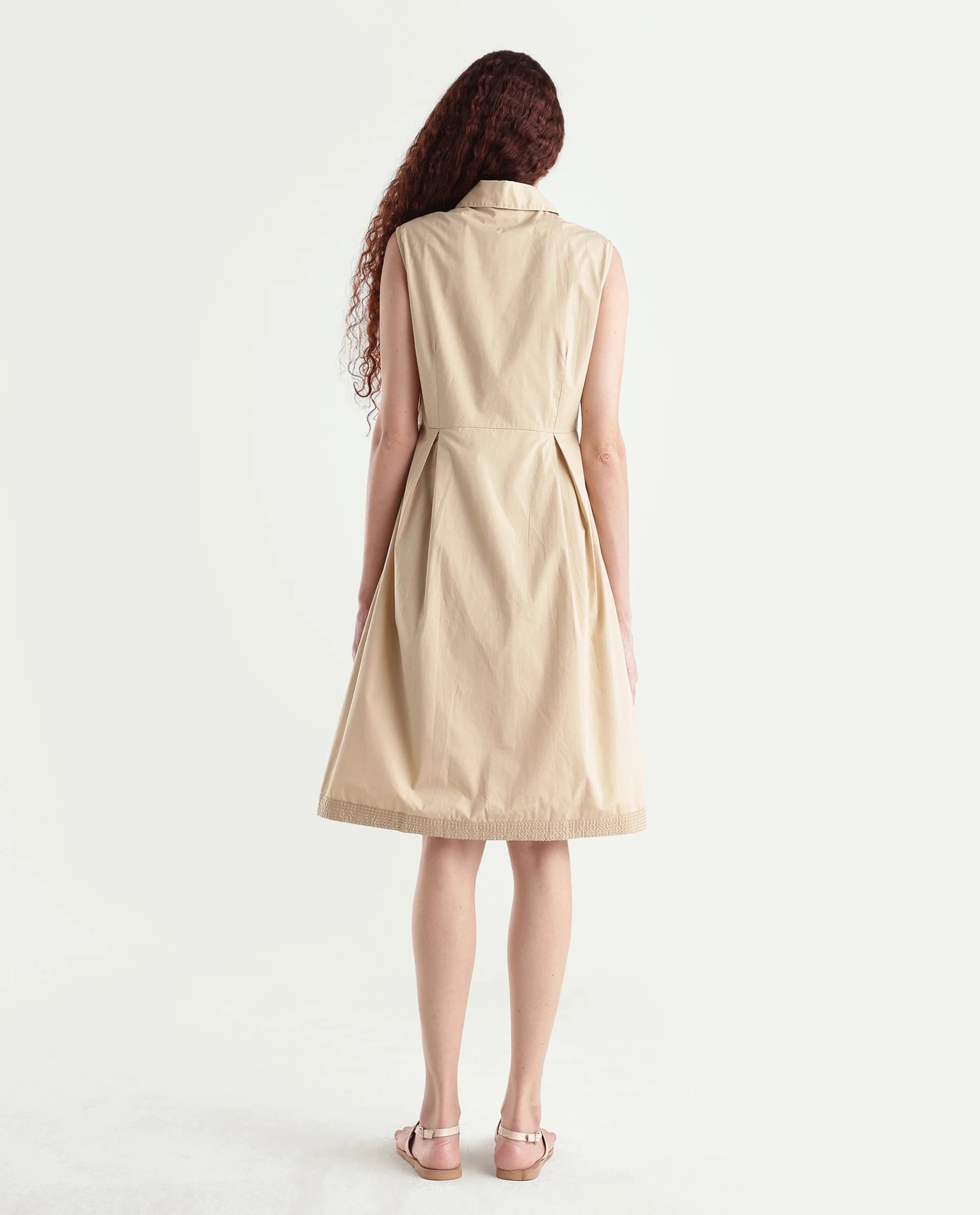 Rareism Women's Qba Light Sand Cotton Drop Collar Plain Sleeveless Midi A-Line Dress