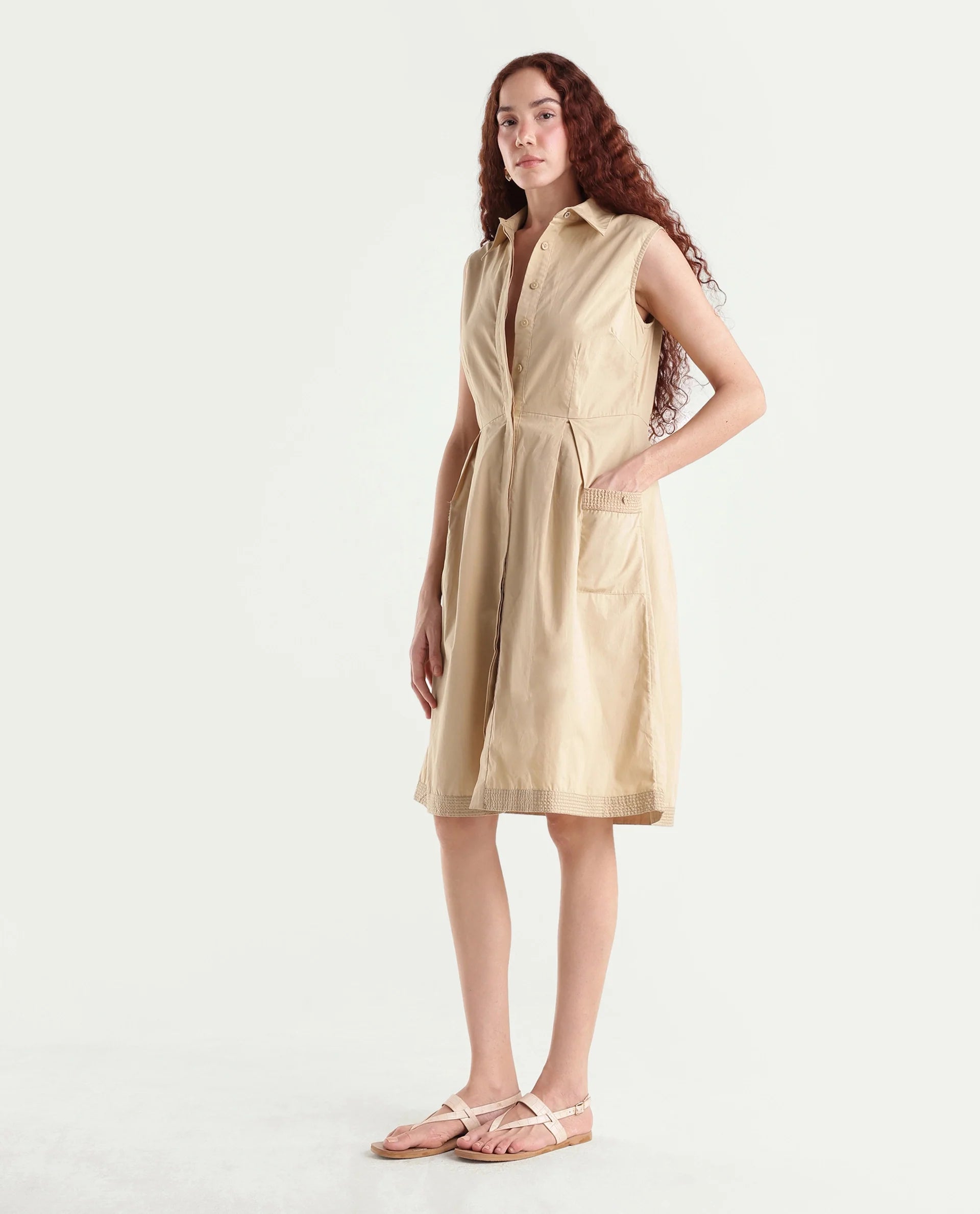 Rareism Women's Qba Light Sand Cotton Drop Collar Plain Sleeveless Midi A-Line Dress