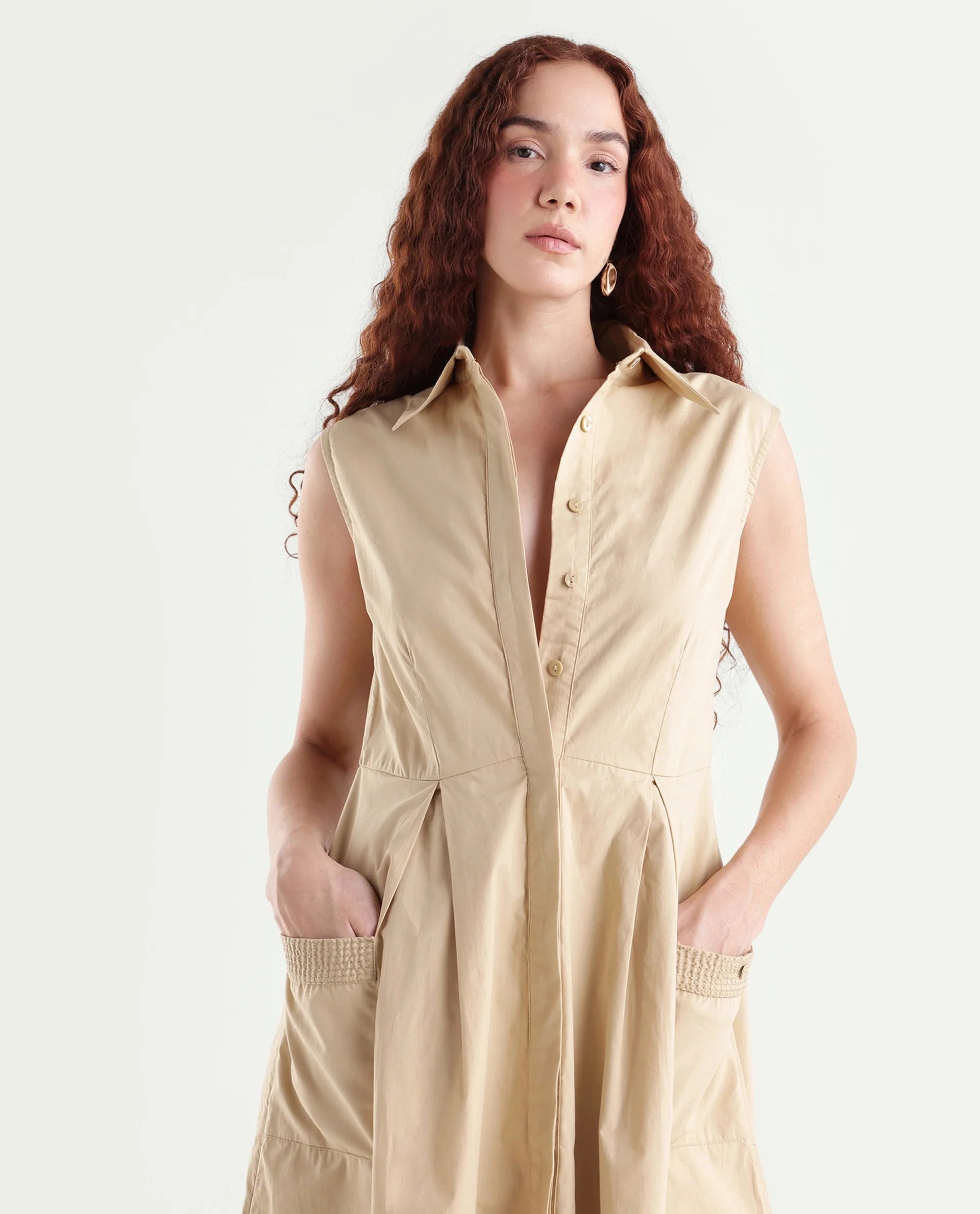 Rareism Women's Qba Light Sand Cotton Drop Collar Plain Sleeveless Midi A-Line Dress