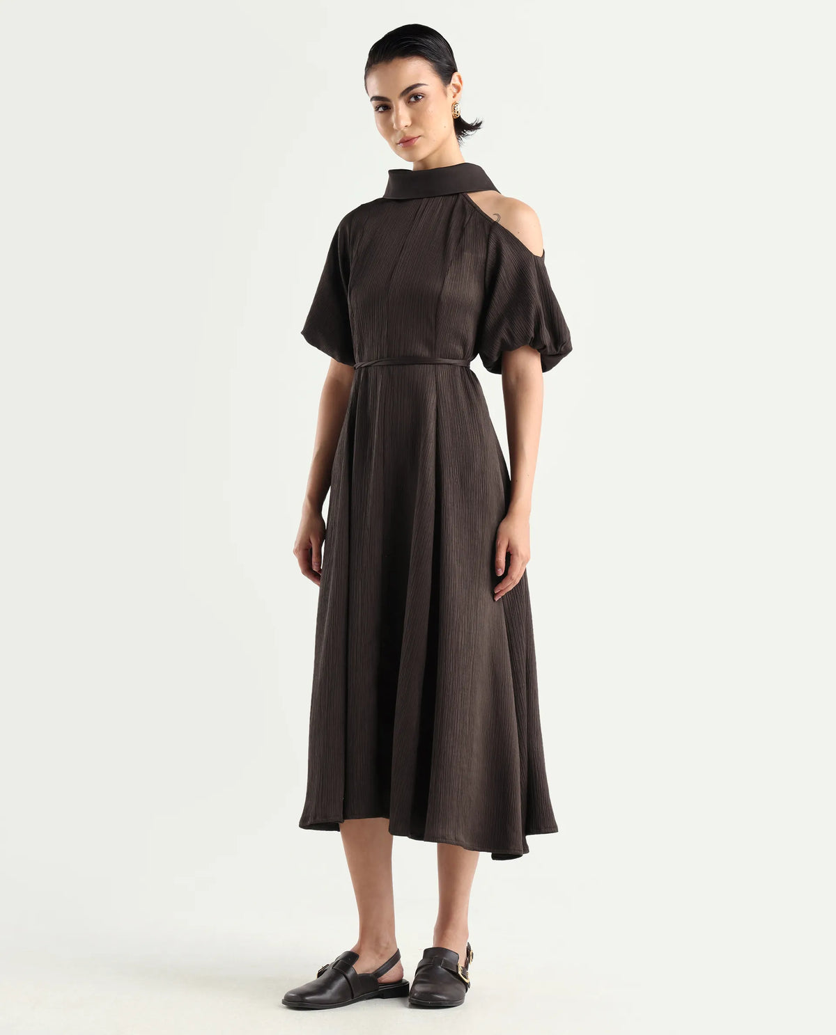 Rareism Women's Duchy Brown Polyester Turtle Neck Plain Balloon Sleeve Midi Flared Dress