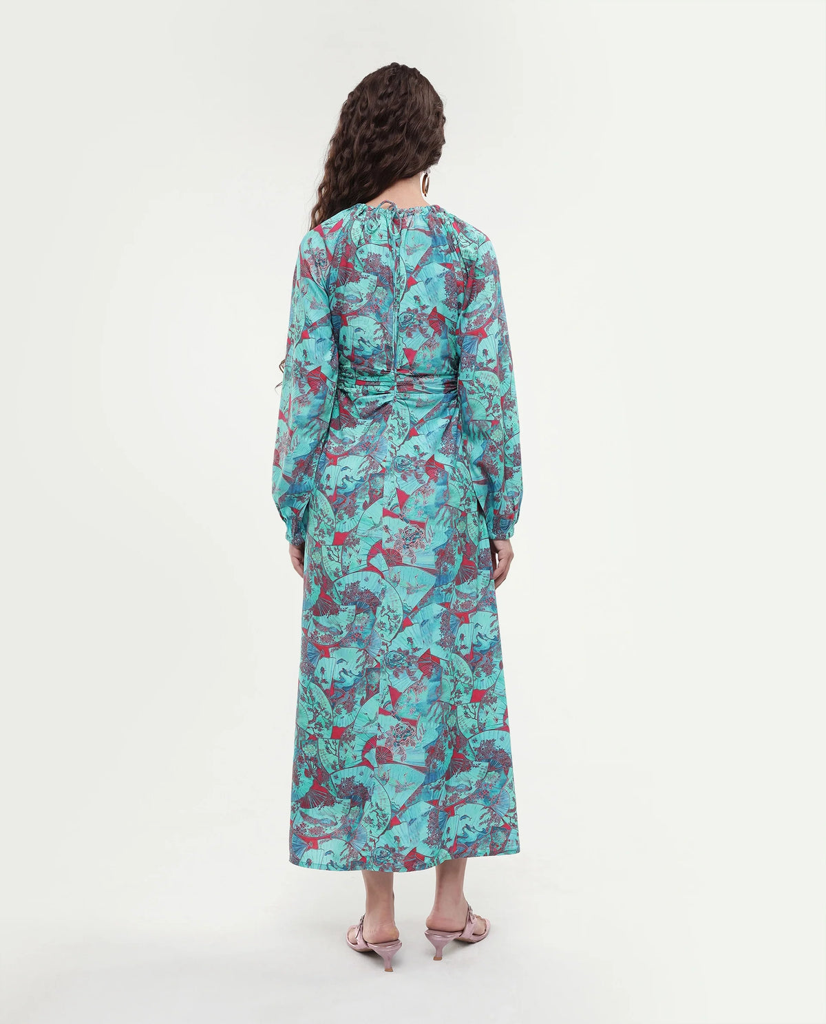 Rareism Women's Viscose Crew Neck Abstract Print Puff Sleeves Maxi A-Line Dress