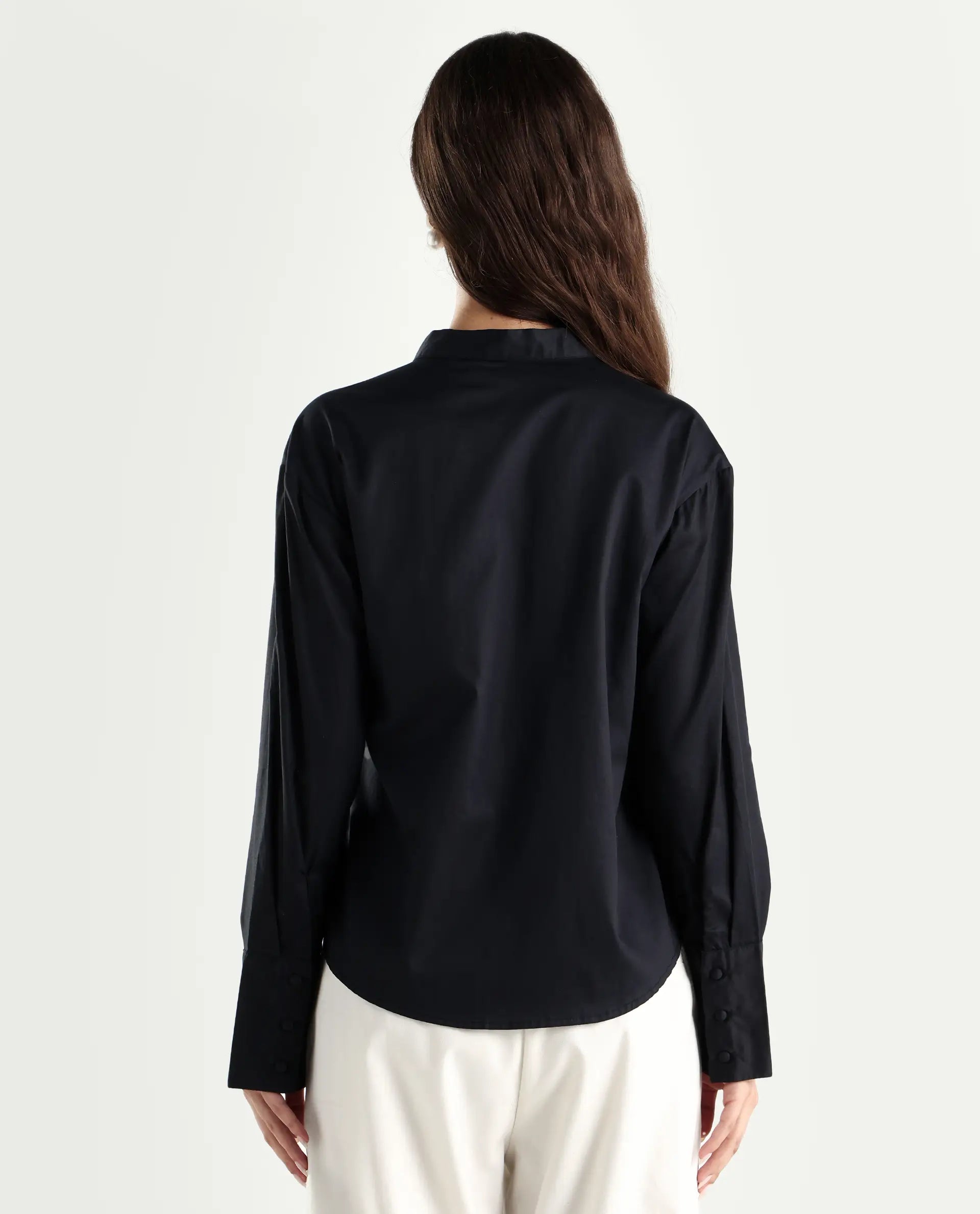 Rareism Women's Jujo Dusky Black Cotton Blend Mandarin Collar Plain Cuffed Sleeve Regular Fit Shirt