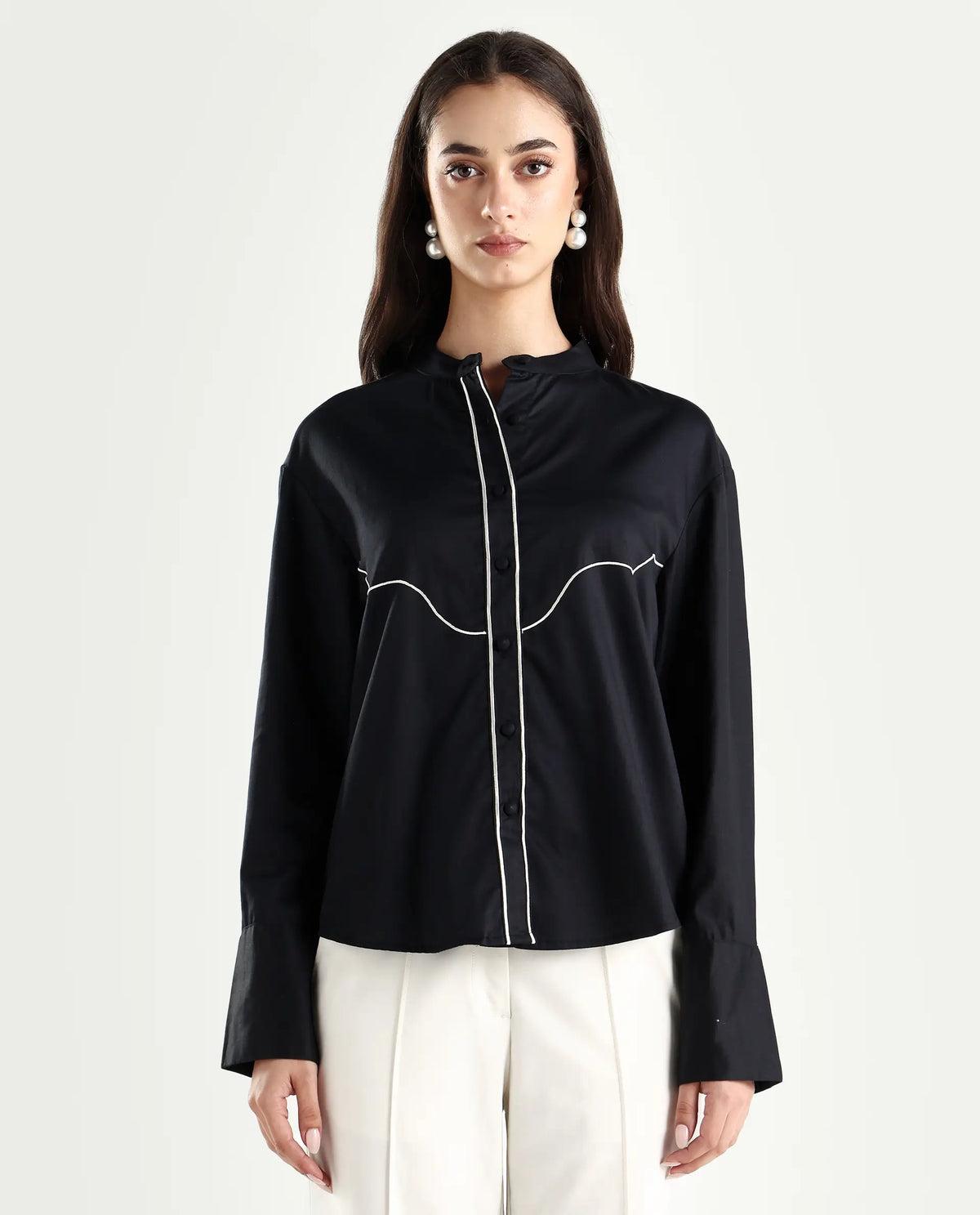 Rareism Women's Jujo Dusky Black Cotton Blend Mandarin Collar Plain Cuffed Sleeve Regular Fit Shirt