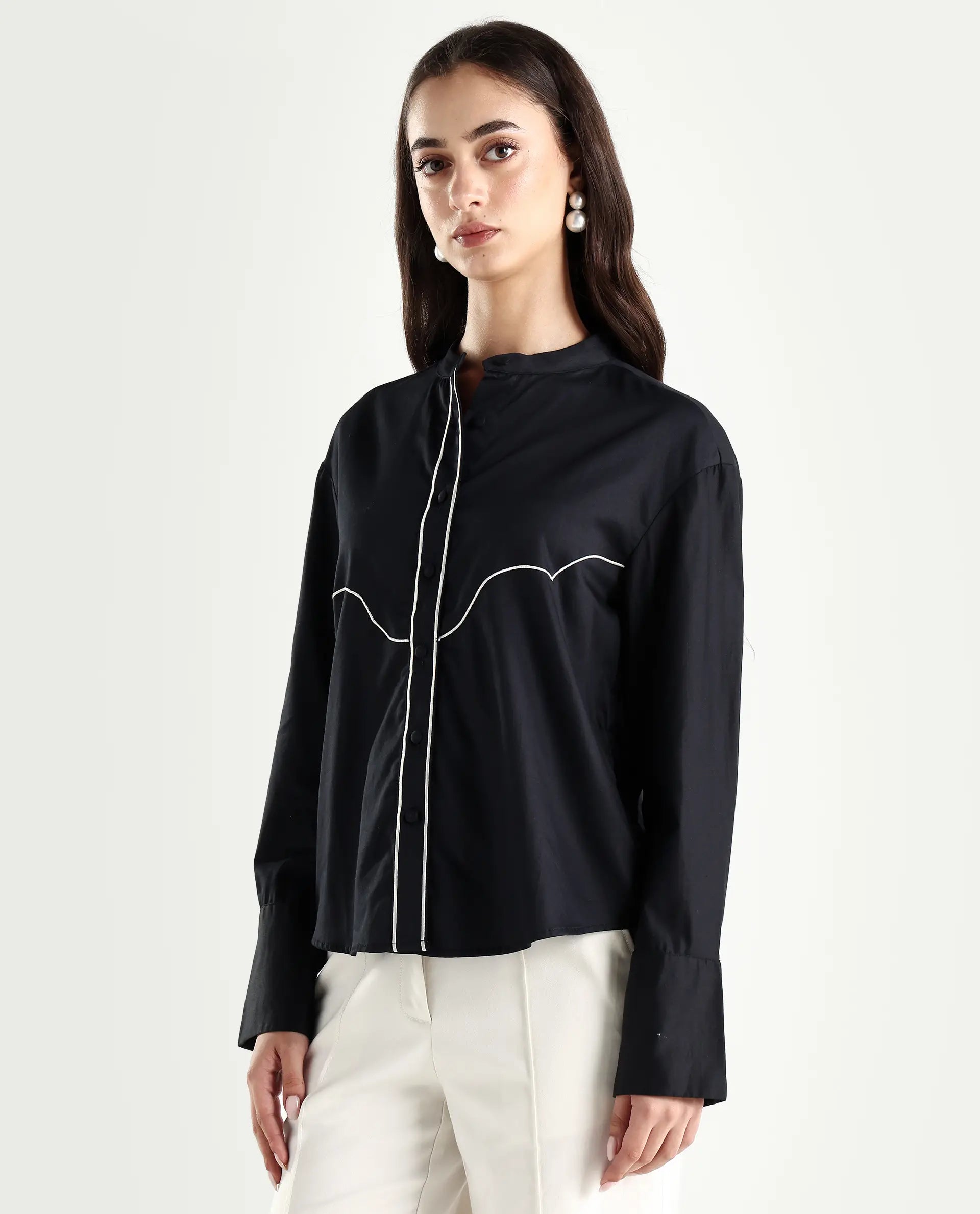 Rareism Women's Jujo Dusky Black Cotton Blend Mandarin Collar Plain Cuffed Sleeve Regular Fit Shirt