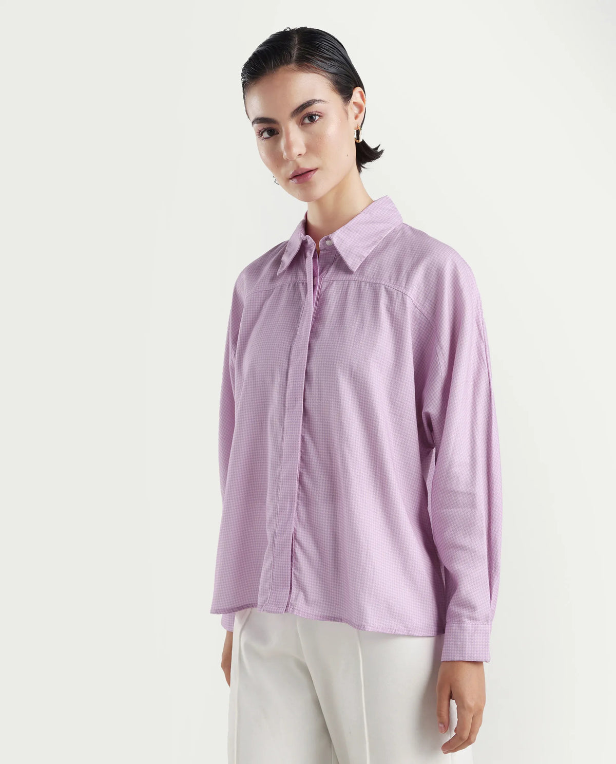 Rareism Women's Repen Light Purple Cotton Blend Drop Collar Geometric Print Boxy Fit Shirt